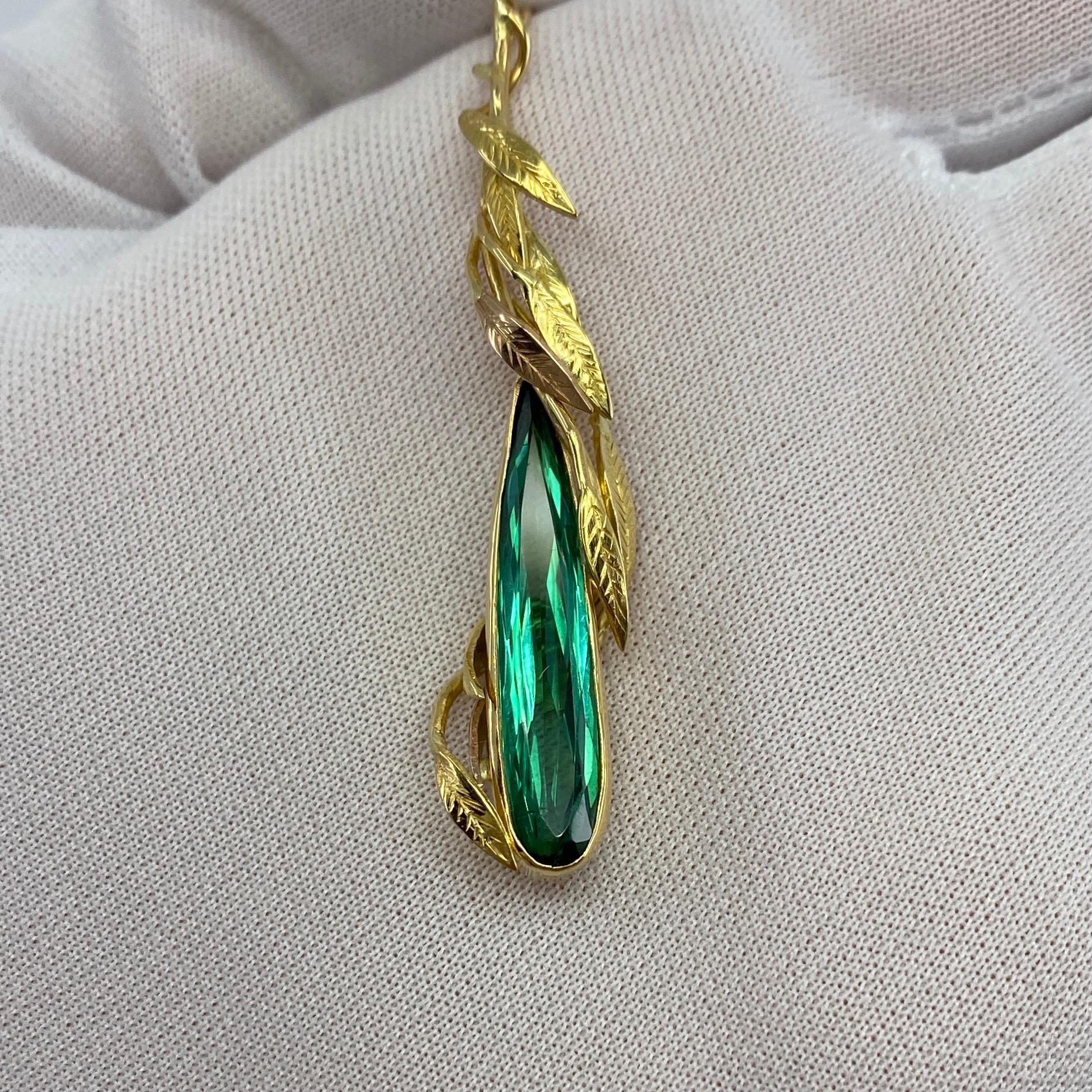 Handmade Unique Green Tourmaline Fancy Pear Teardrop Cut 18 Karat Gold Pendant 4