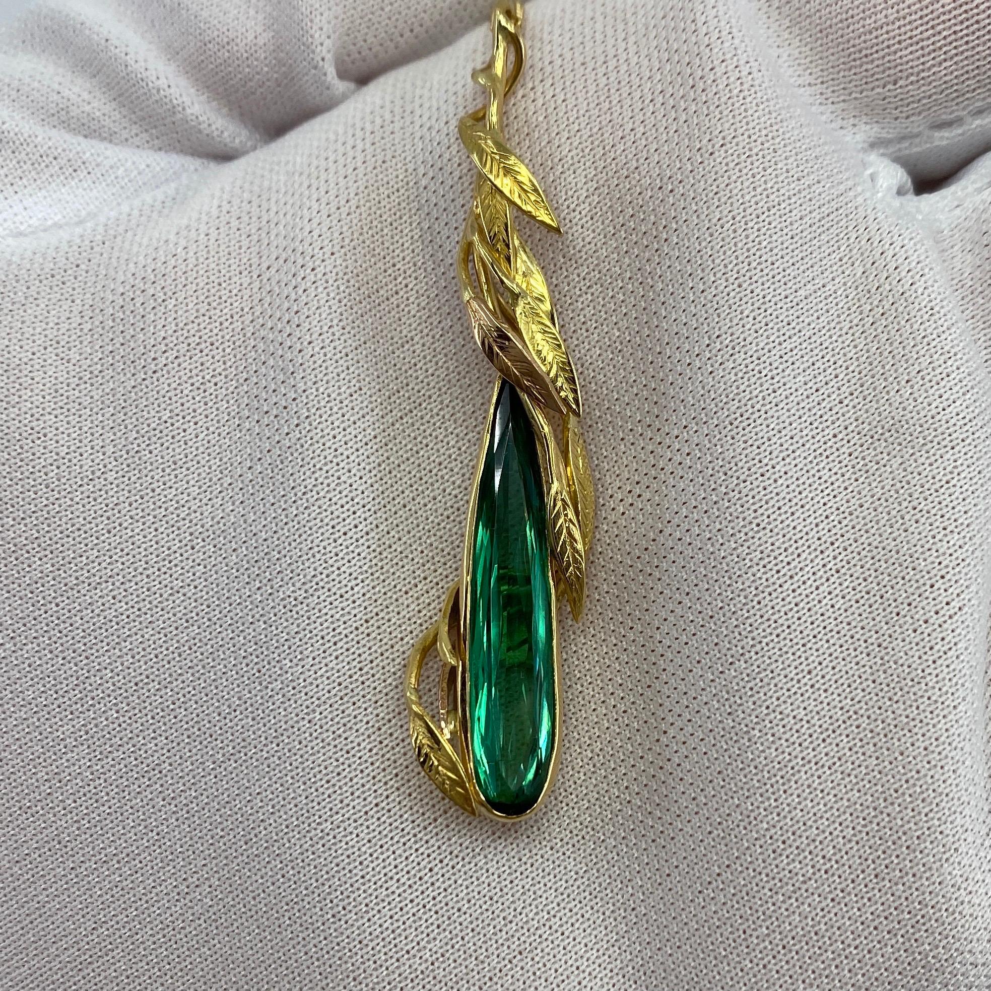 Handmade Unique Green Tourmaline Fancy Pear Teardrop Cut 18 Karat Gold Pendant 6