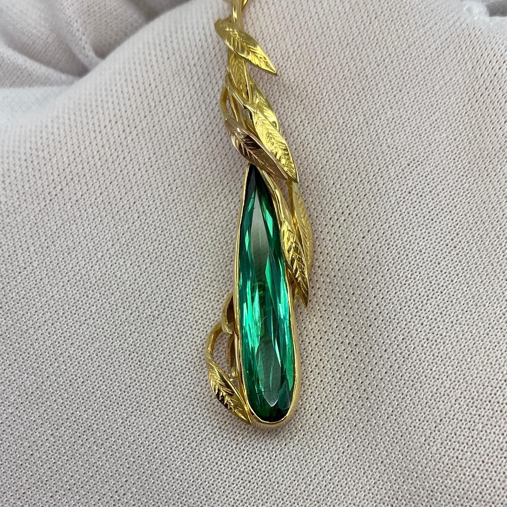 Art Nouveau Handmade Unique Green Tourmaline Fancy Pear Teardrop Cut 18 Karat Gold Pendant