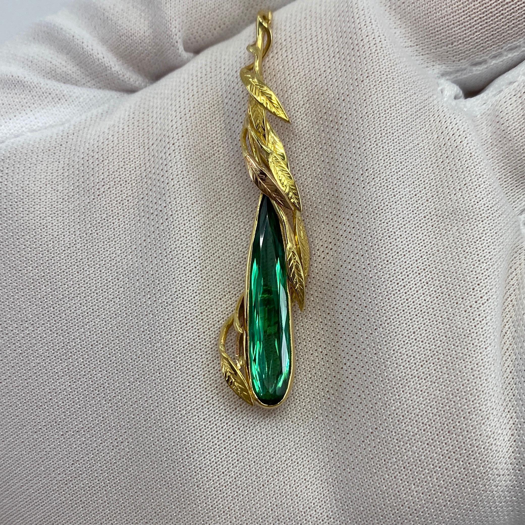 Handmade Unique Green Tourmaline Fancy Pear Teardrop Cut 18 Karat Gold Pendant 2
