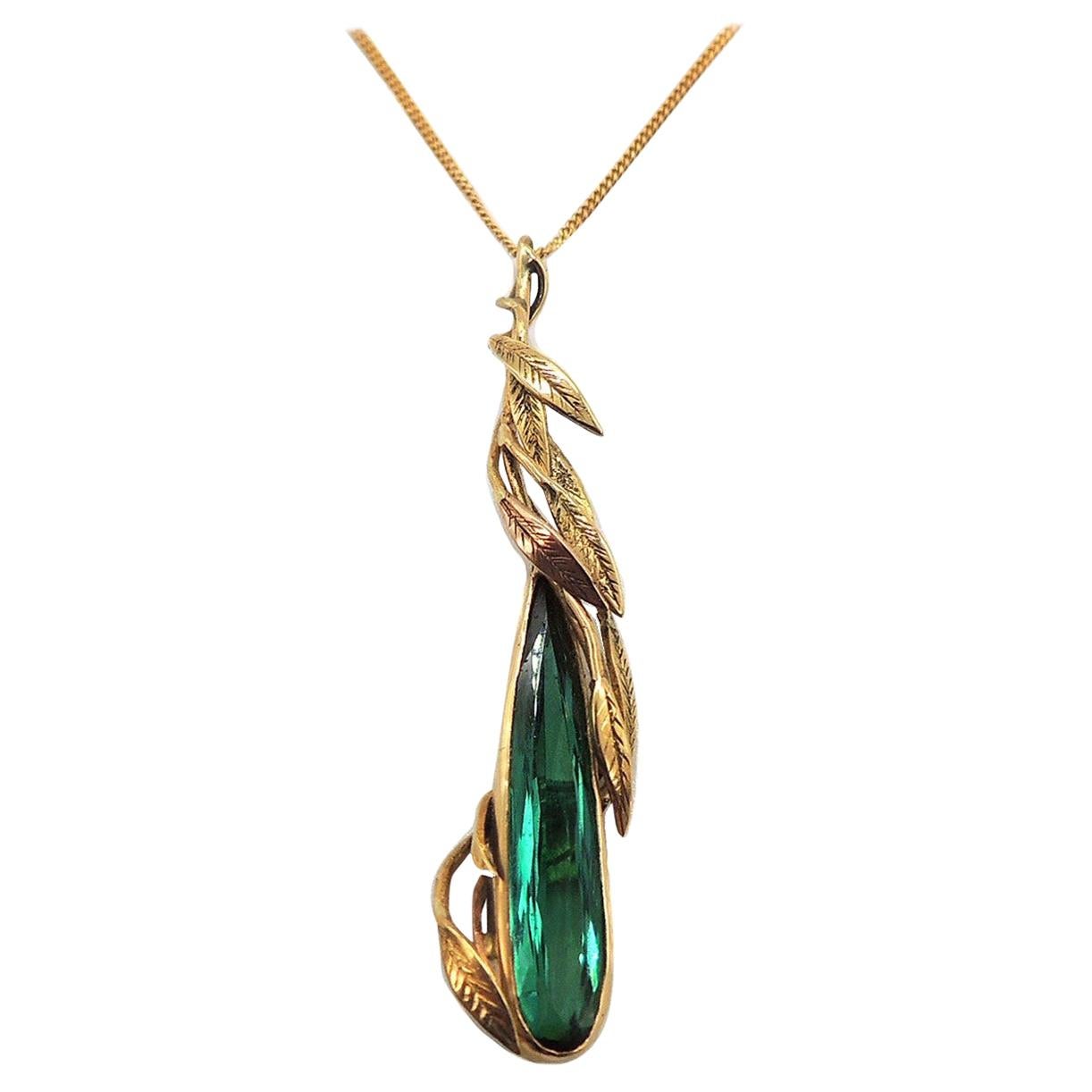 Handmade Unique Green Tourmaline Fancy Pear Teardrop Cut 18 Karat Gold Pendant