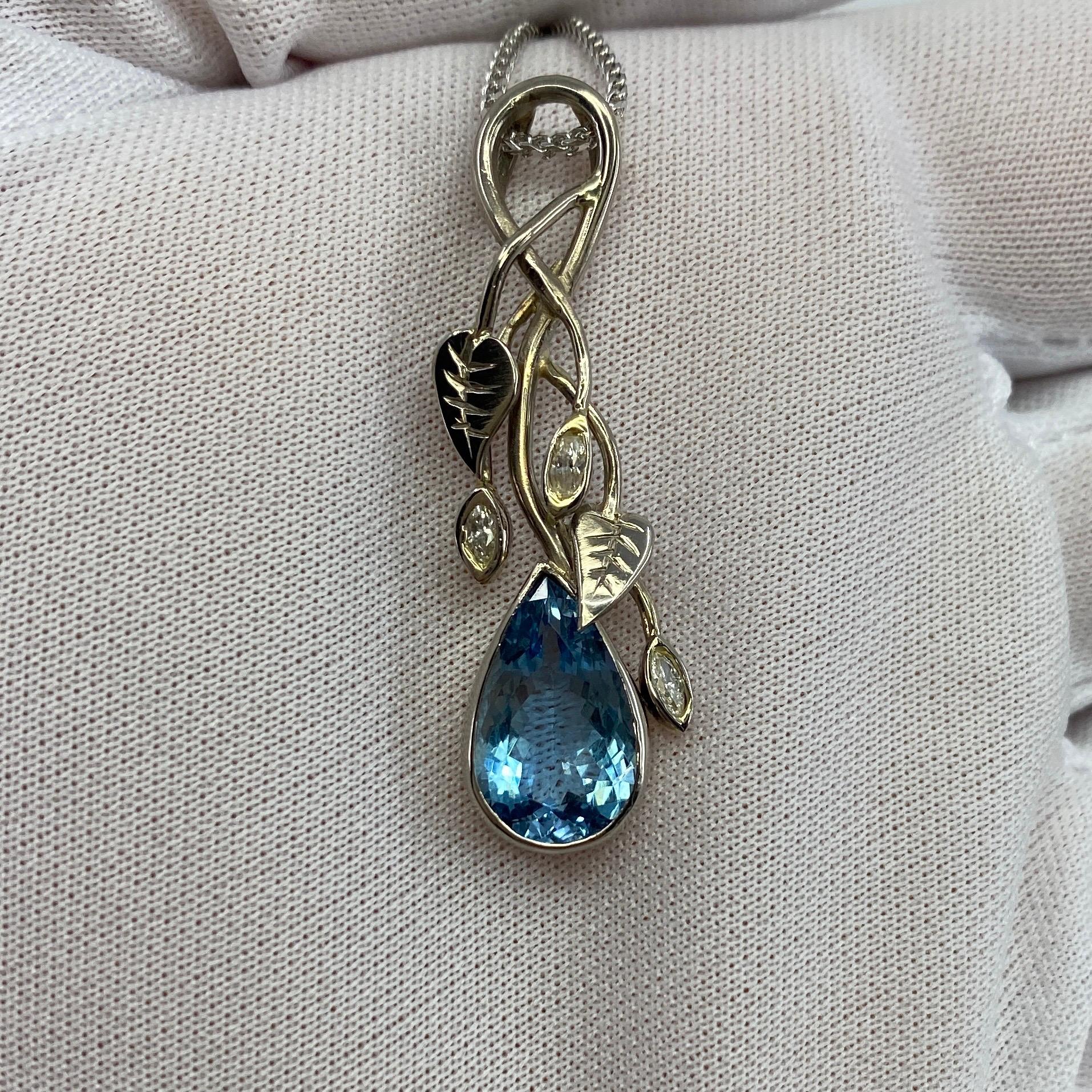Handmade Unique Pear Cut Fine Blue Aquamarine Diamond 18k White Gold Pendant For Sale 5
