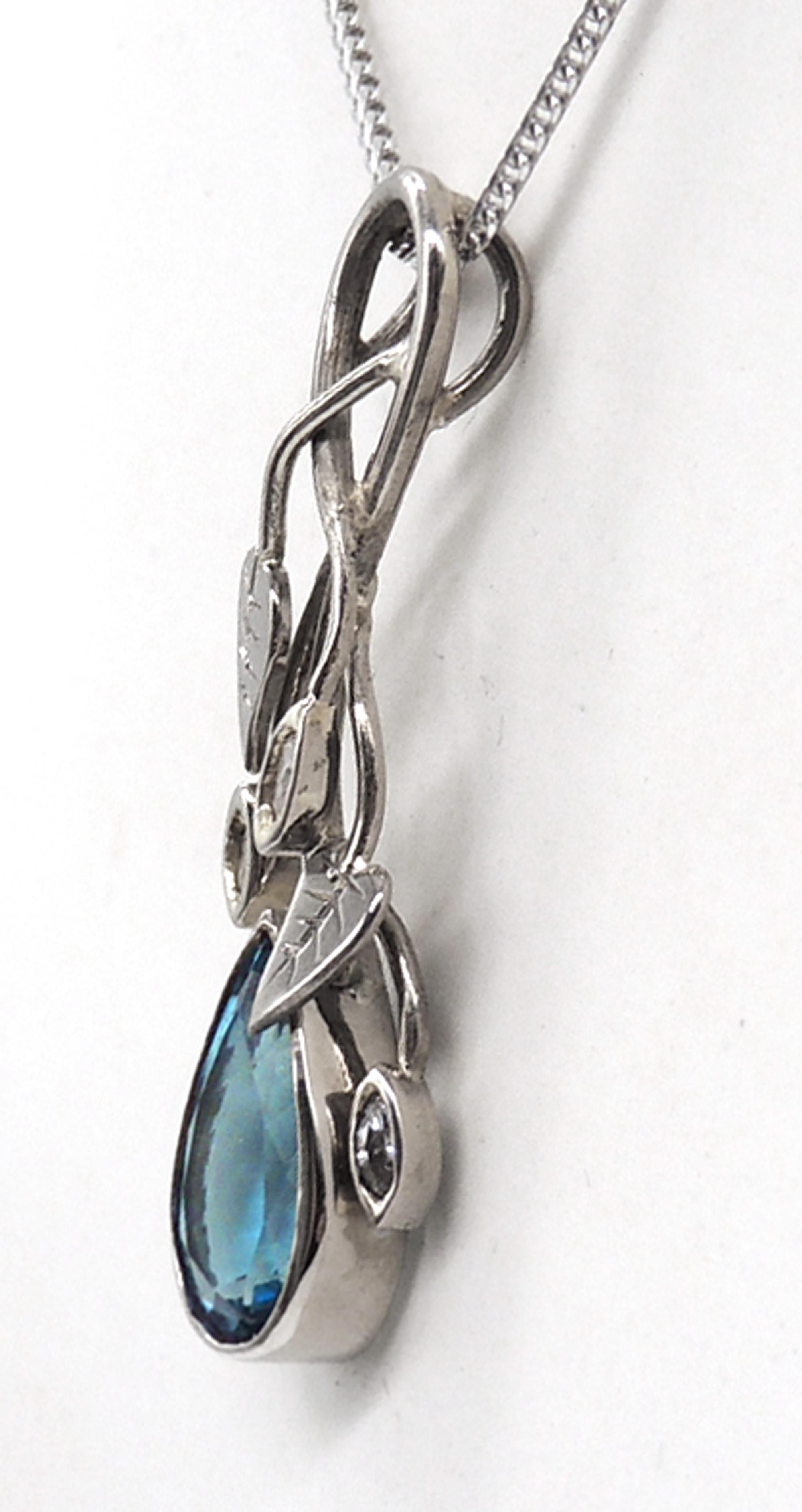 Handmade Unique Pear Cut Fine Blue Aquamarine Diamond 18k White Gold Pendant For Sale 7