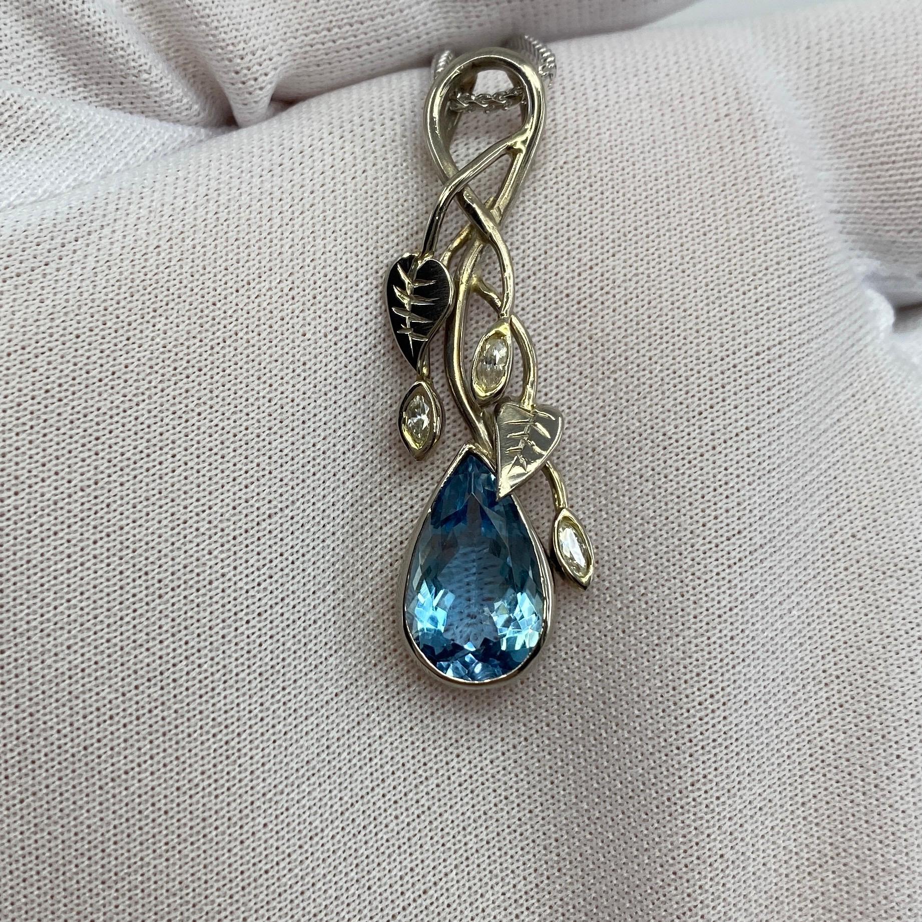 Handmade Unique Pear Cut Fine Blue Aquamarine Diamond 18k White Gold Pendant For Sale 8