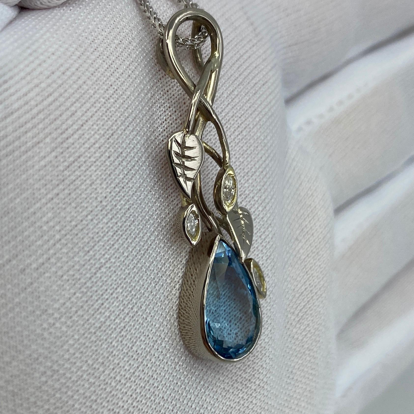 Handmade Unique Pear Cut Fine Blue Aquamarine Diamond 18k White Gold Pendant For Sale 9