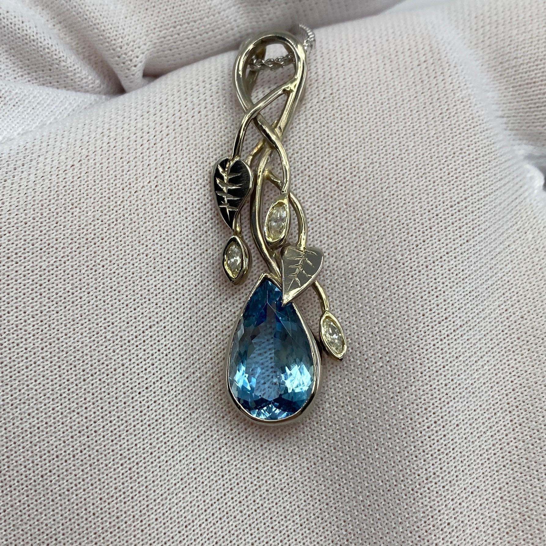Handmade Unique Pear Cut Fine Blue Aquamarine Diamond 18k White Gold Pendant For Sale 10