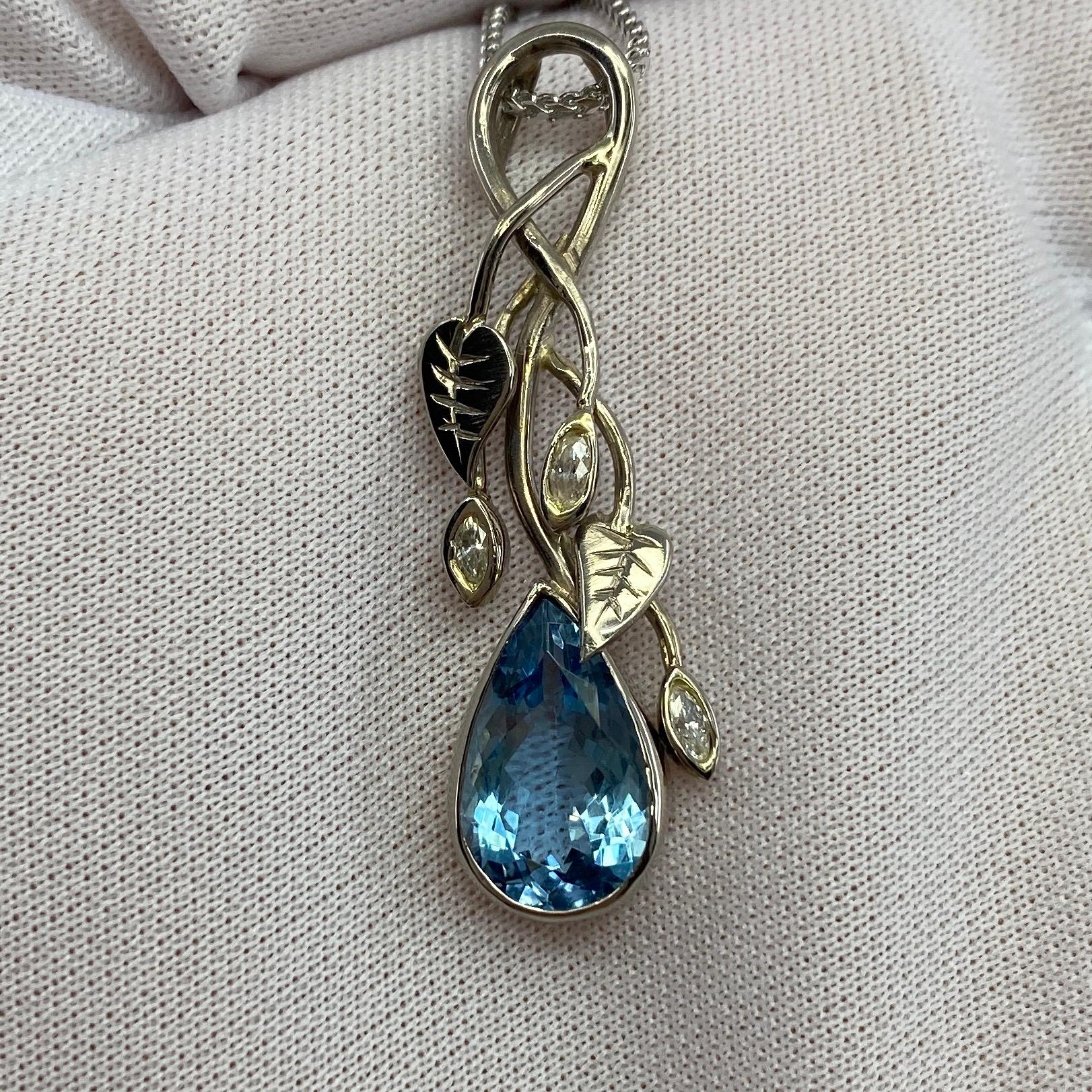 Handmade Unique Pear Cut Fine Blue Aquamarine Diamond 18k White Gold Pendant For Sale 11