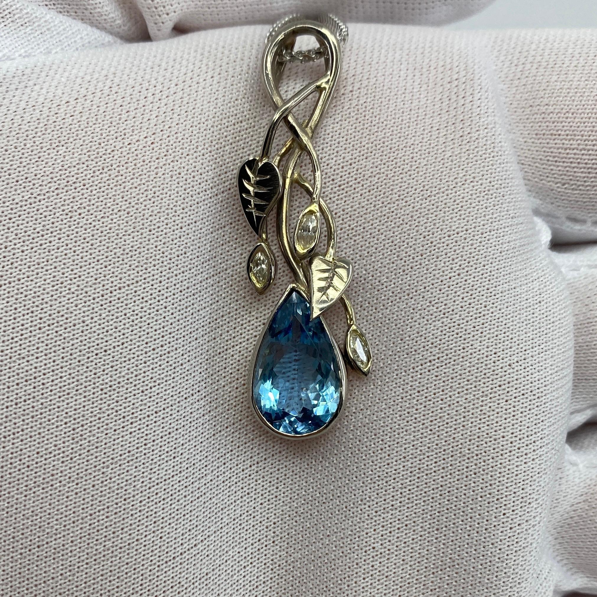 Handmade Unique Pear Cut Fine Blue Aquamarine Diamond 18k White Gold Pendant For Sale 12