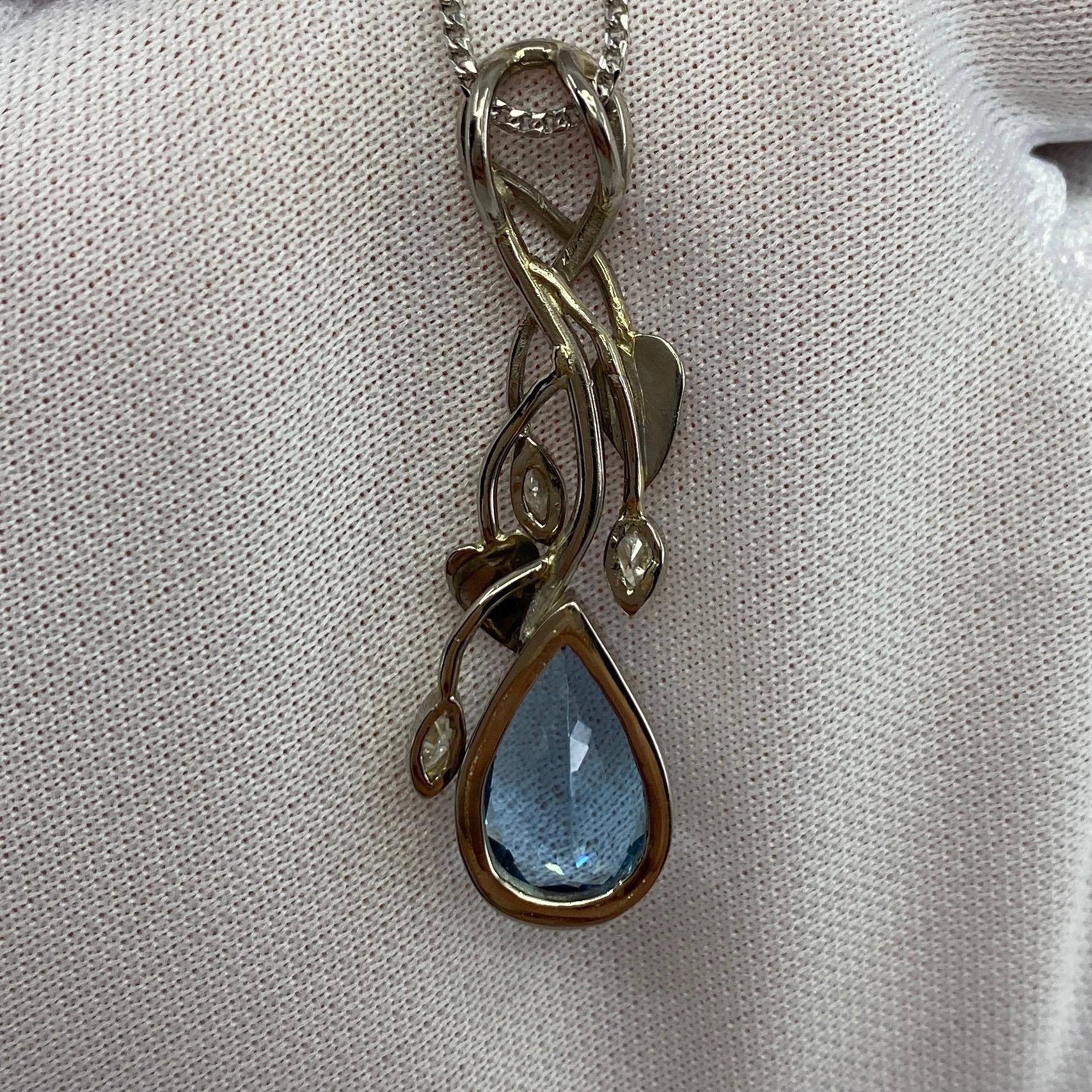 Handmade Unique Pear Cut Fine Blue Aquamarine Diamond 18k White Gold Pendant For Sale 13