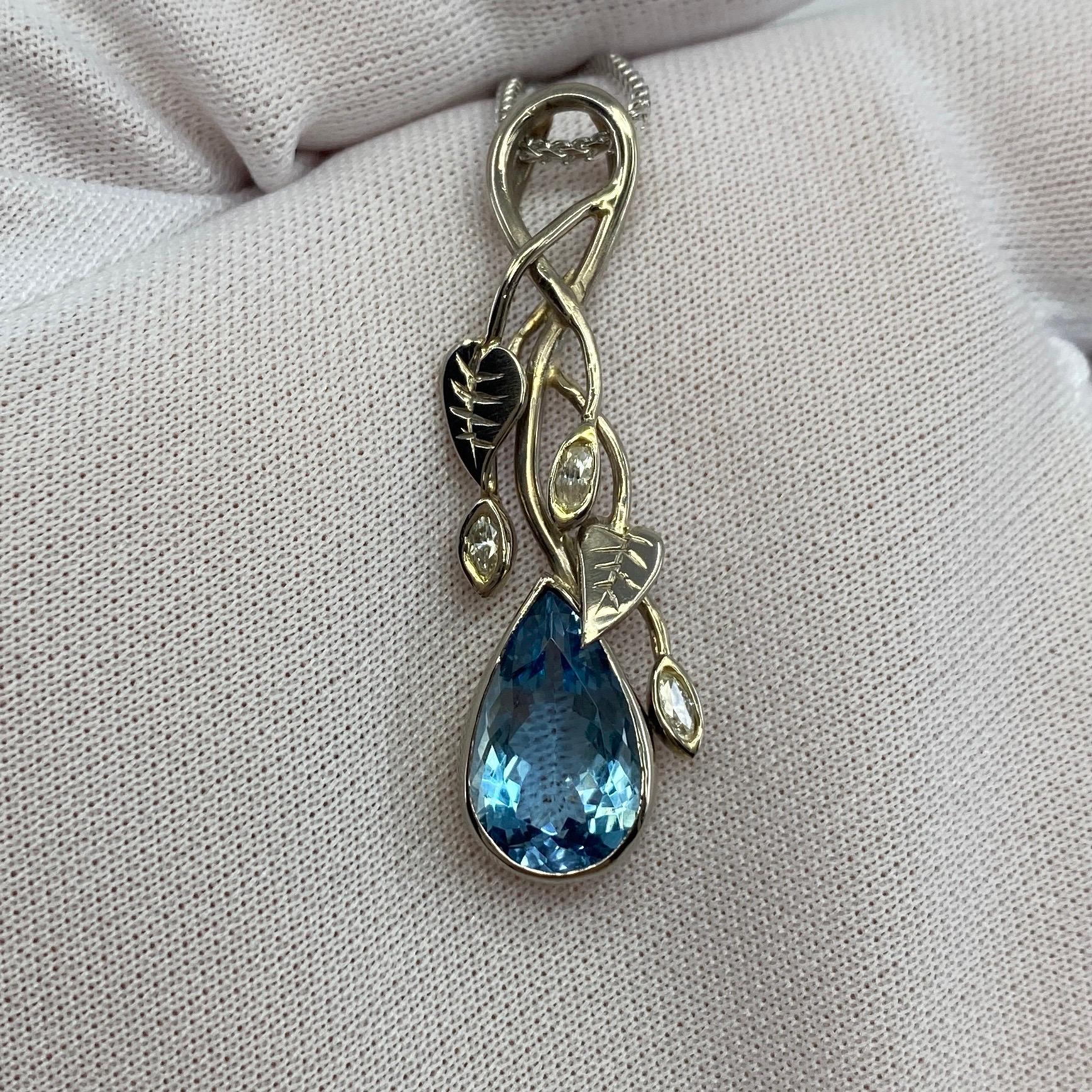 Art Nouveau Handmade Unique Pear Cut Fine Blue Aquamarine Diamond 18k White Gold Pendant For Sale