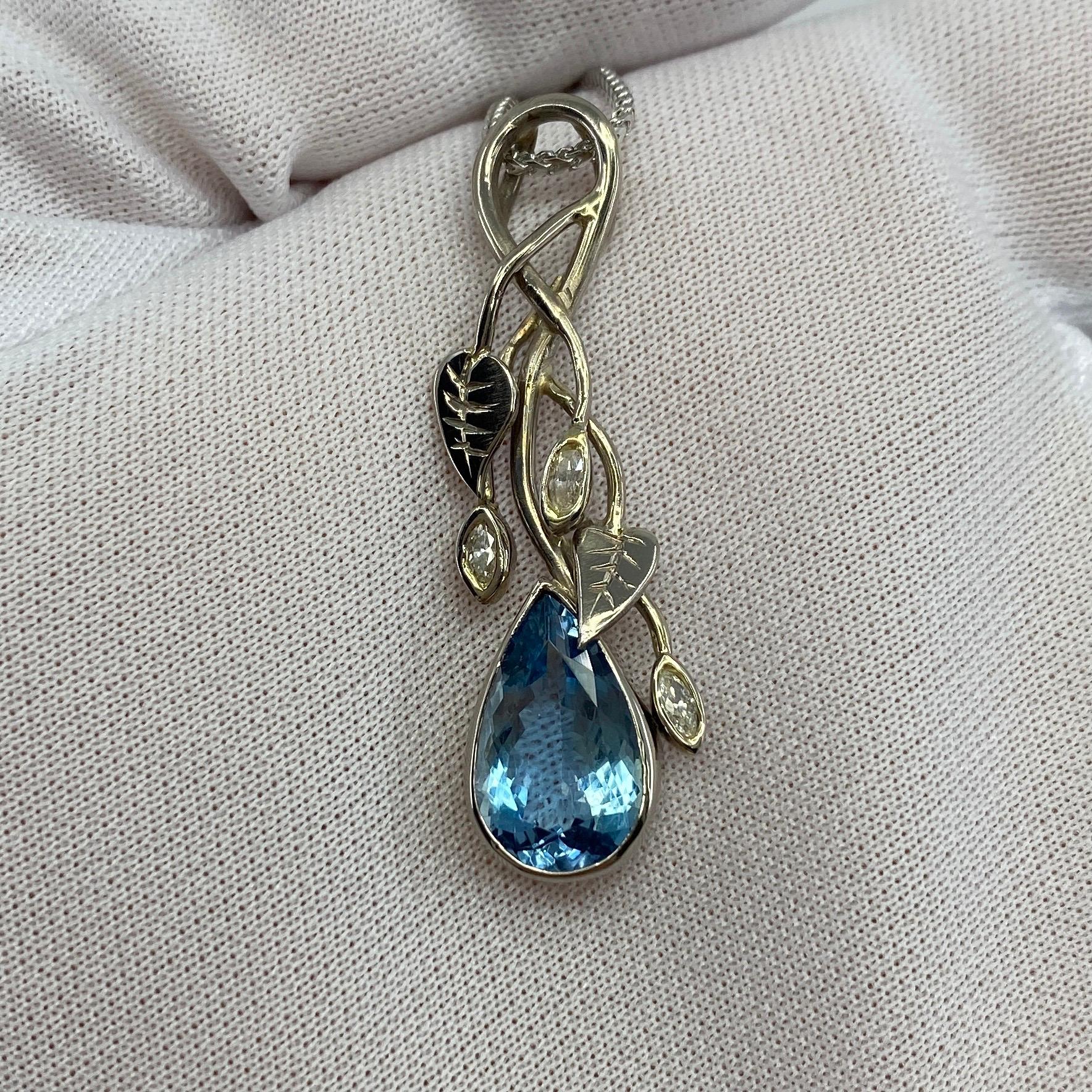 Women's or Men's Handmade Unique Pear Cut Fine Blue Aquamarine Diamond 18k White Gold Pendant For Sale