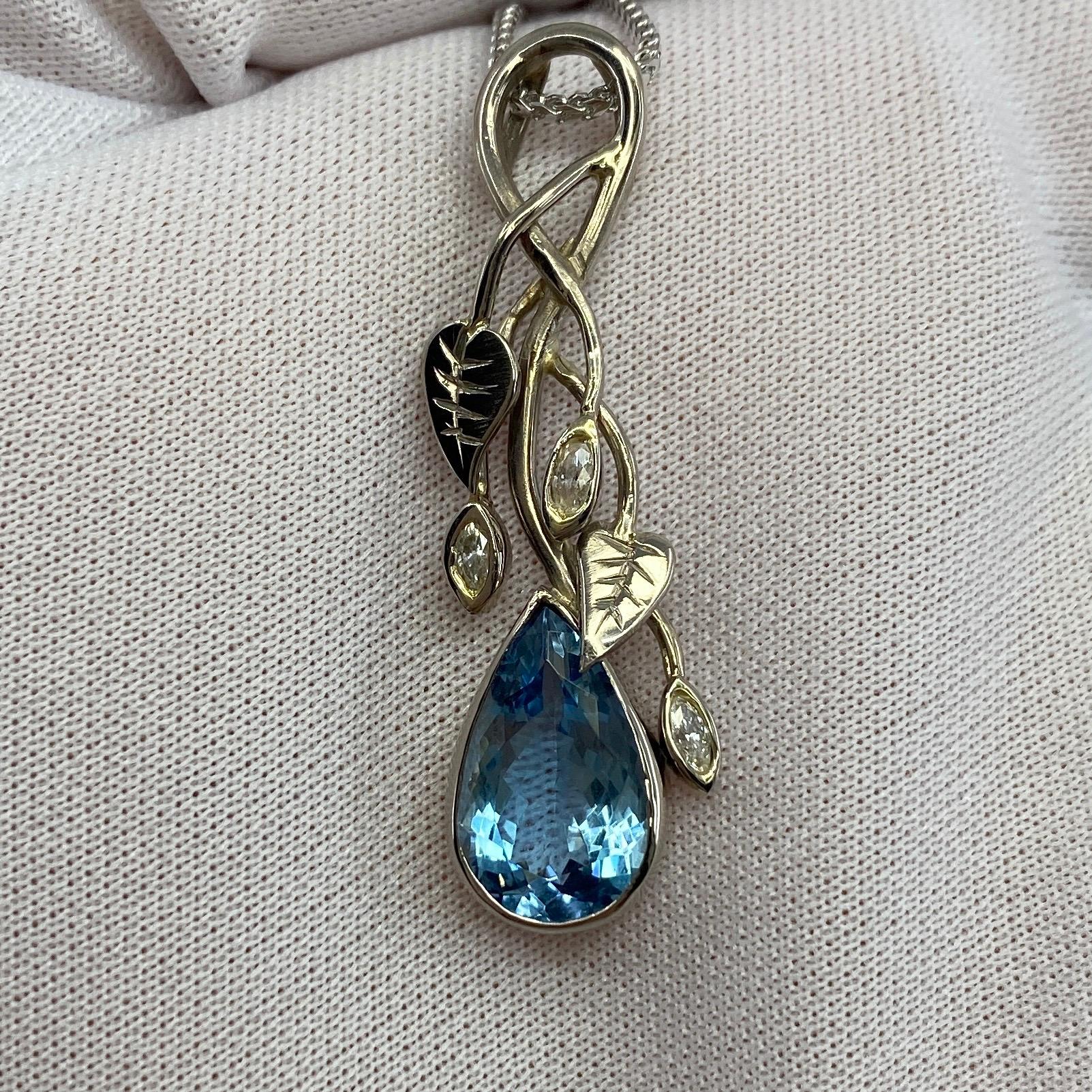 Handmade Unique Pear Cut Fine Blue Aquamarine Diamond 18k White Gold Pendant For Sale 1