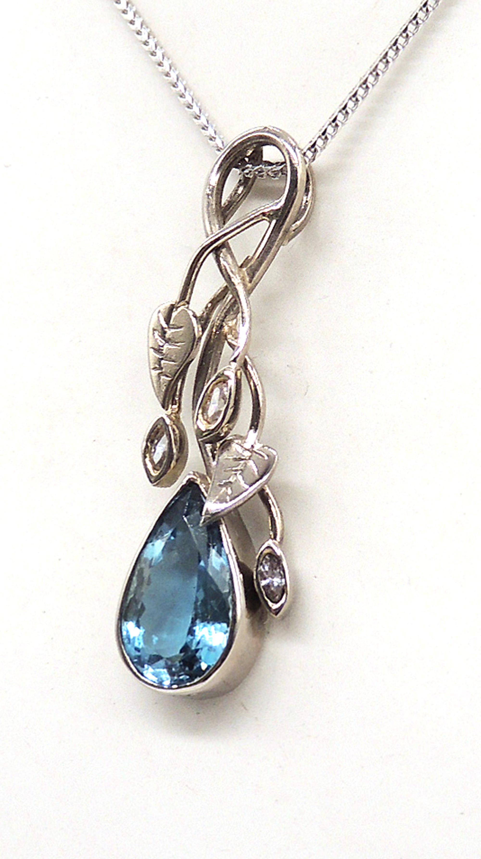 Handmade Unique Pear Cut Fine Blue Aquamarine Diamond 18k White Gold Pendant For Sale 2