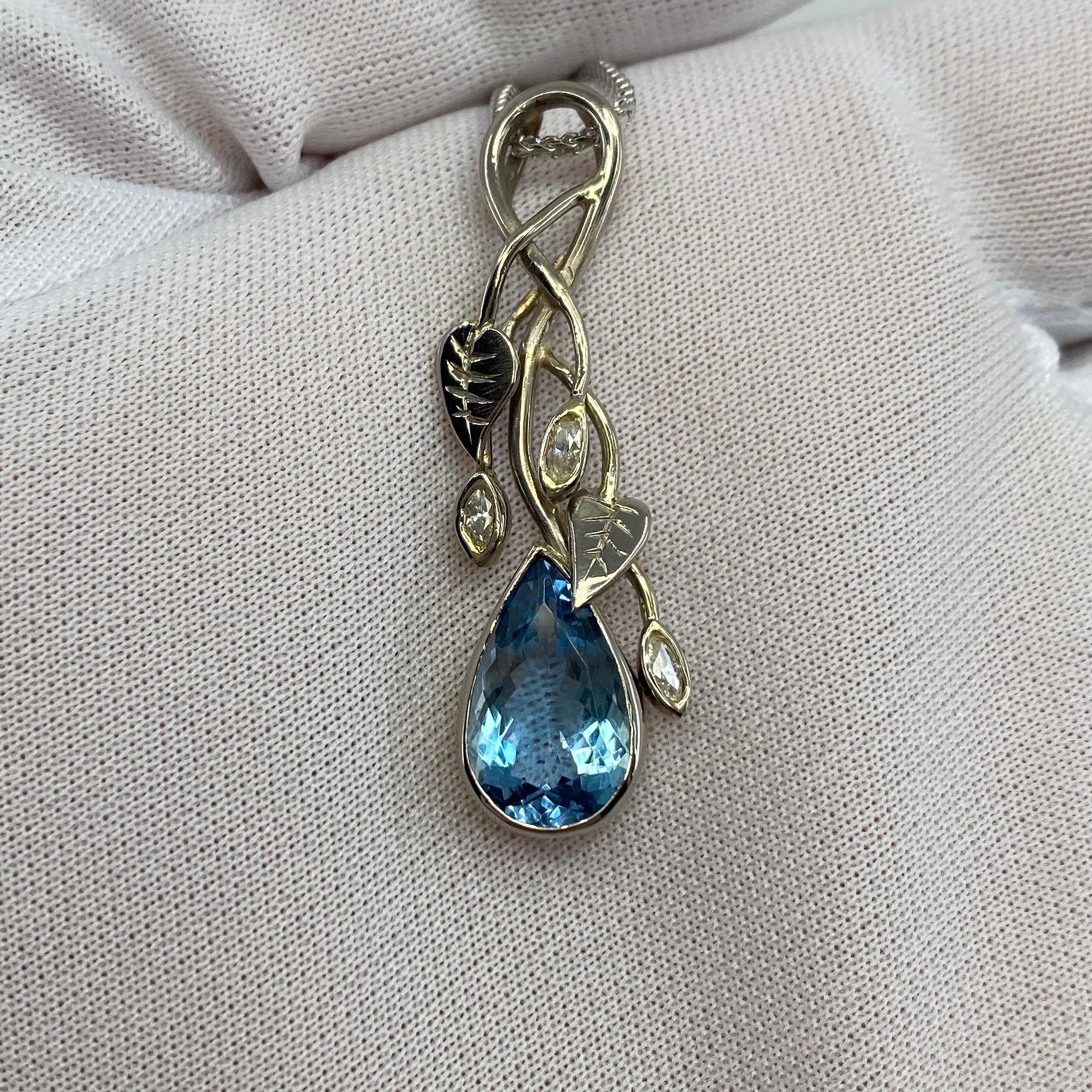 Handmade Unique Pear Cut Fine Blue Aquamarine Diamond 18k White Gold Pendant For Sale 3