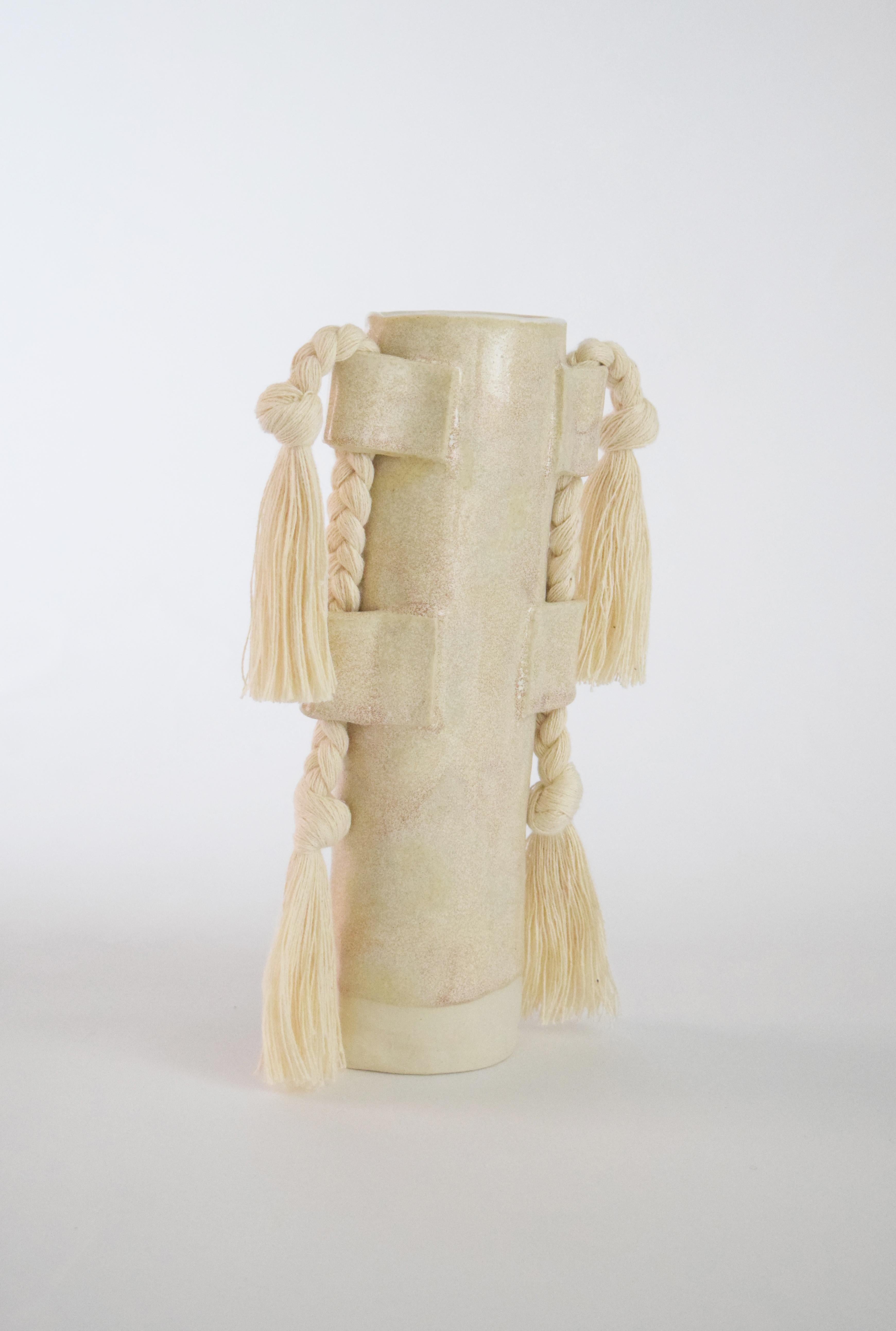 Hand-Crafted Handmade Vase #504 in Cream with Cream Cotton Fringe