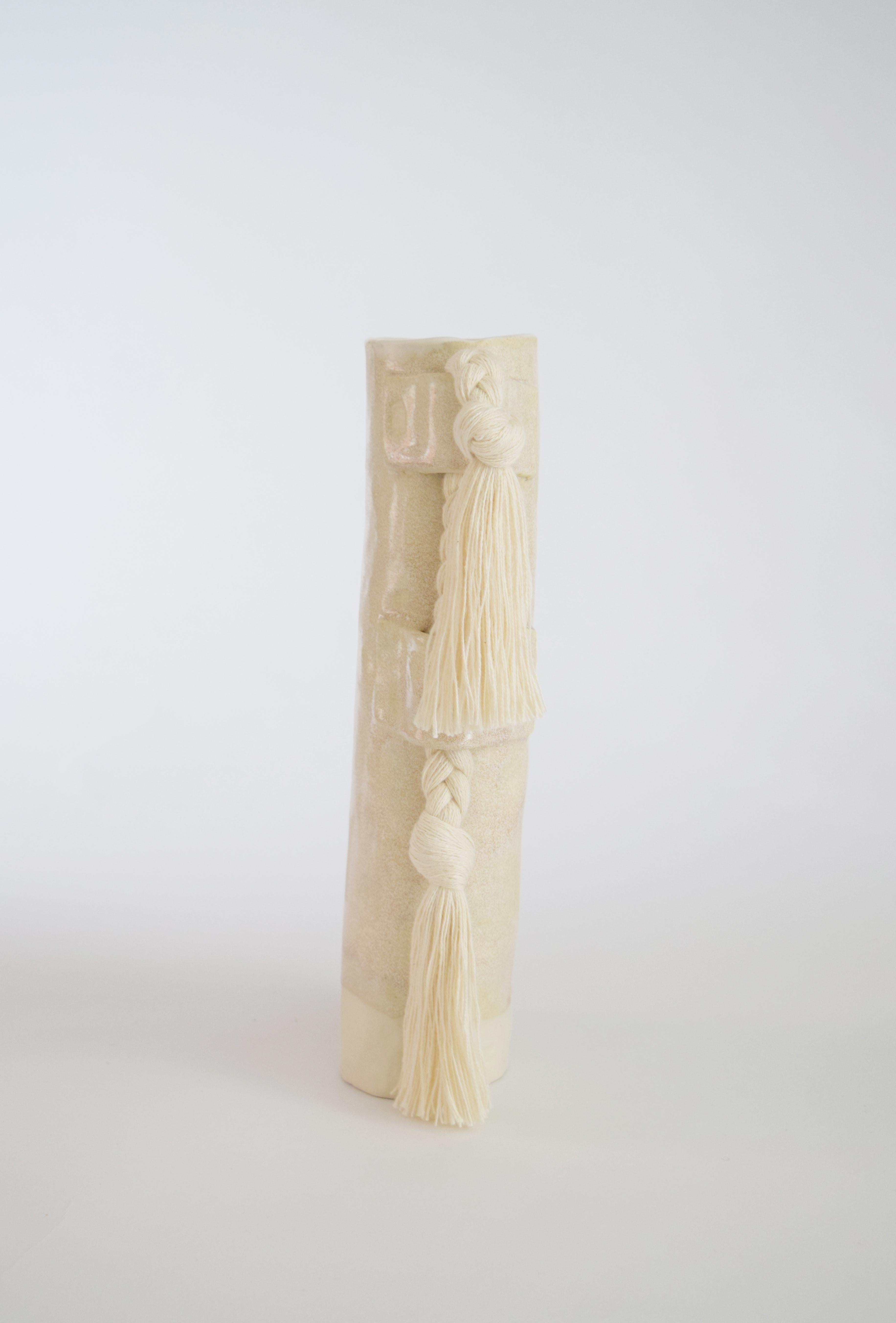 Handmade Vase #504 in Cream with Cream Cotton Fringe In New Condition In Proctorsville, VT