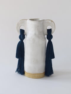 Handmade Vase #606 in White with Navy Tencel Fringe