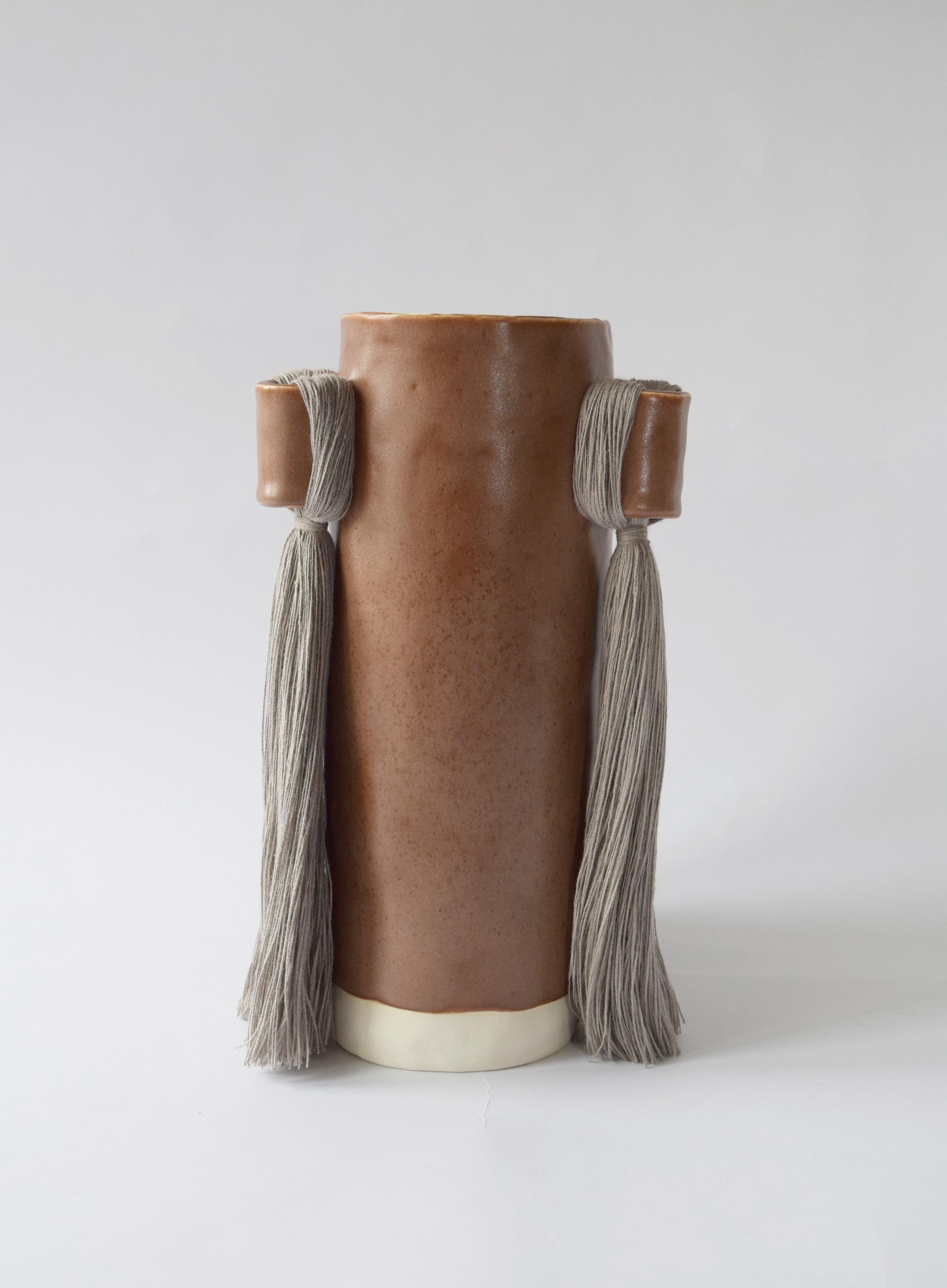 American Handmade Vase #607 in Brown with Gray Cotton Fringe