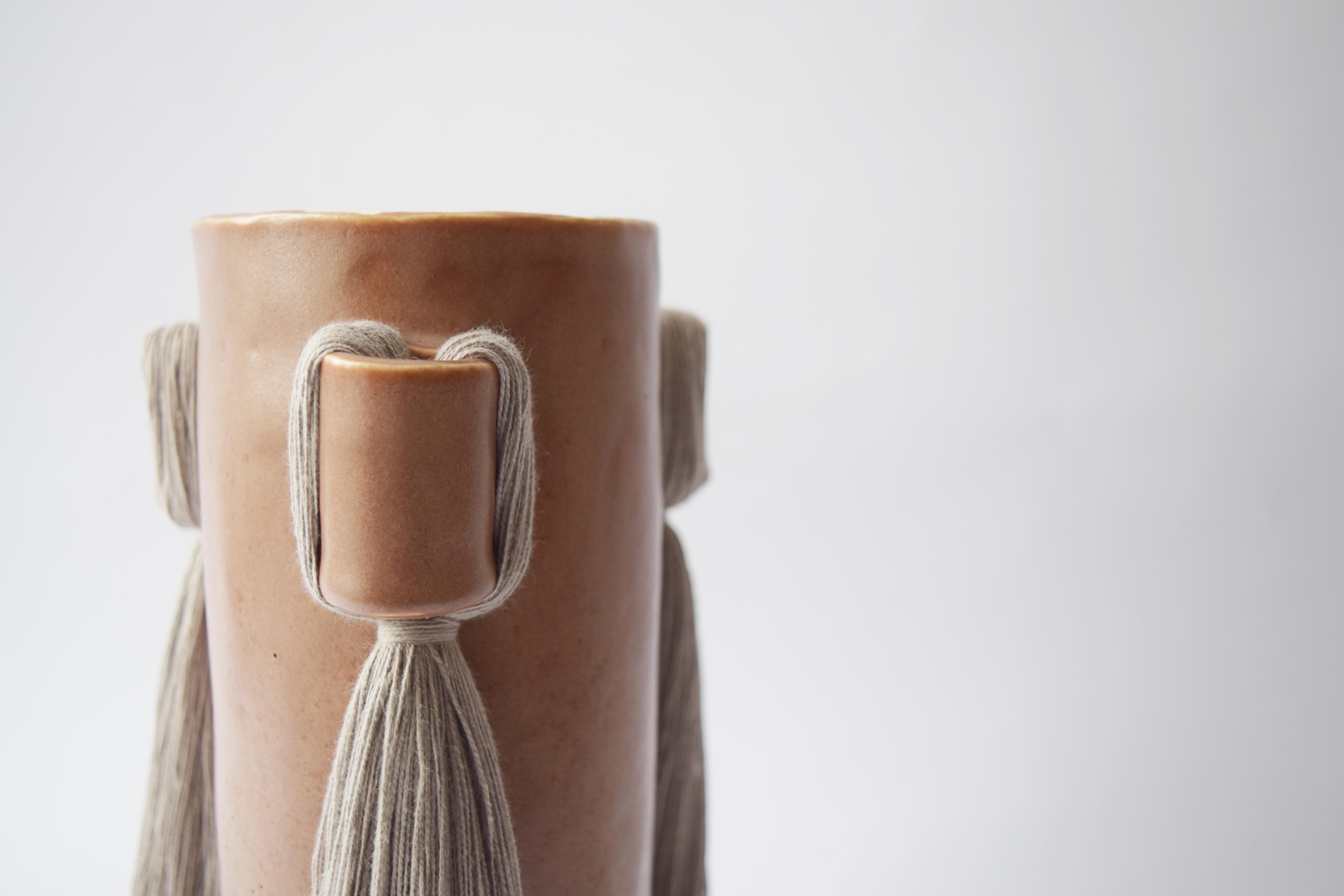 Hand-Crafted Handmade Vase #607 in Brown with Gray Cotton Fringe