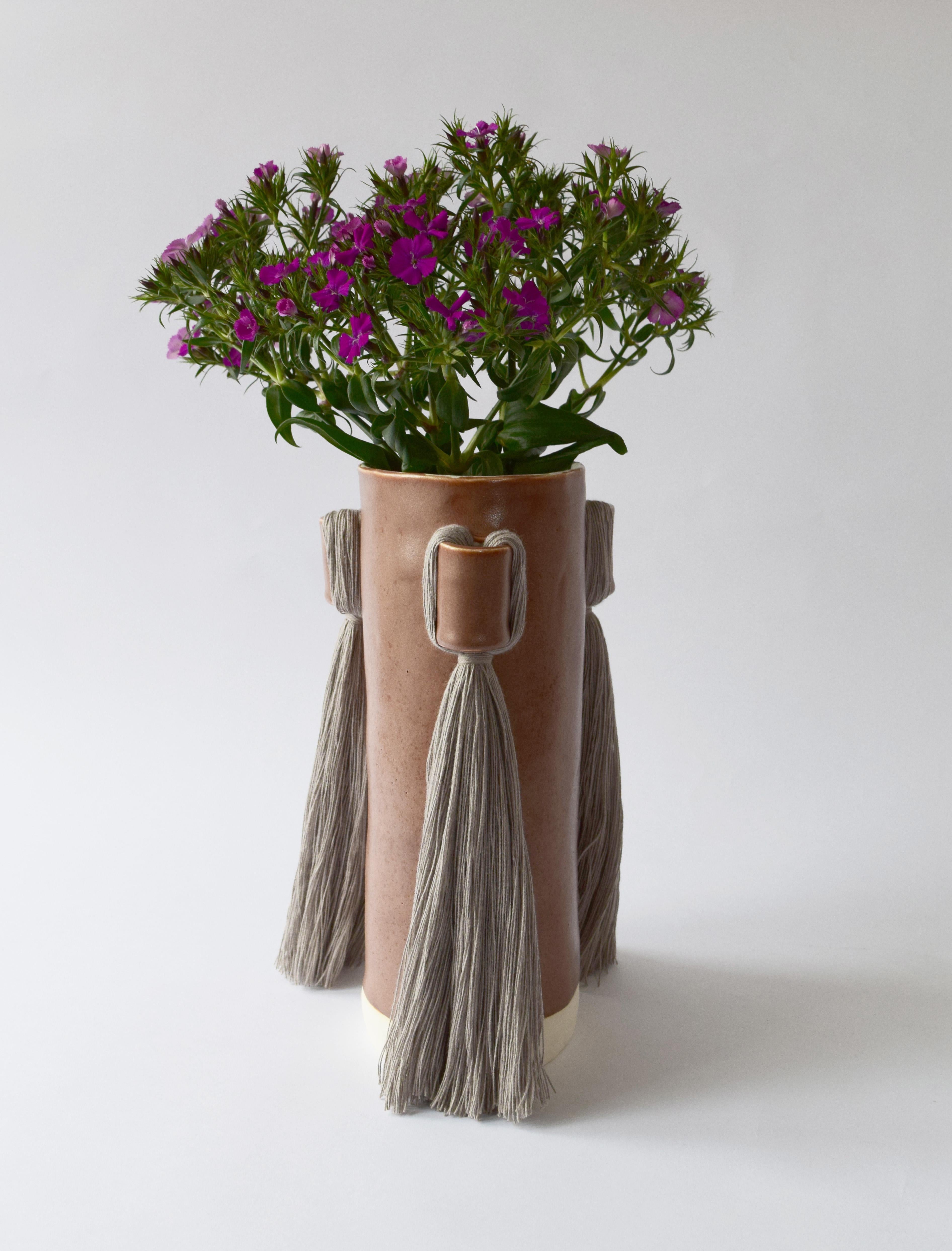 Handmade Vase #607 in Brown with Gray Cotton Fringe In New Condition In Proctorsville, VT