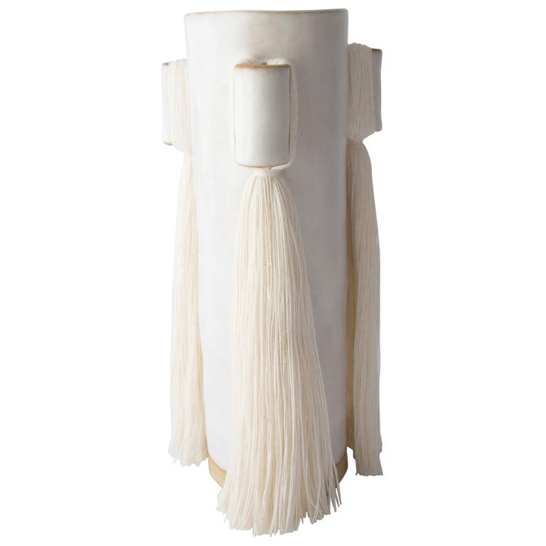 Handmade Vase #607 in White with White Cotton Fringe