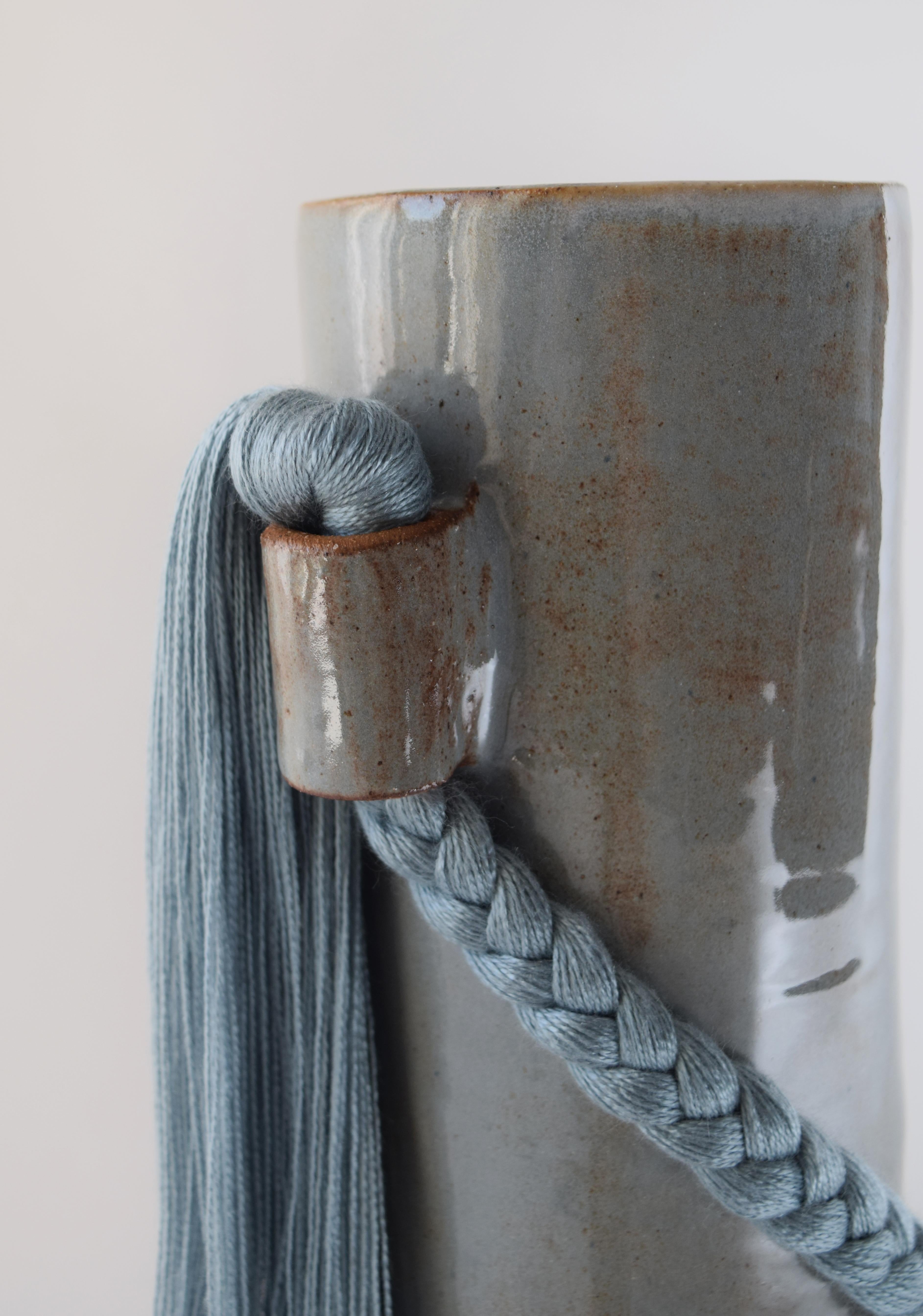 American Handmade Ceramic Vase #695 in Light Blue with Blue Tencel Braid and Fringe For Sale