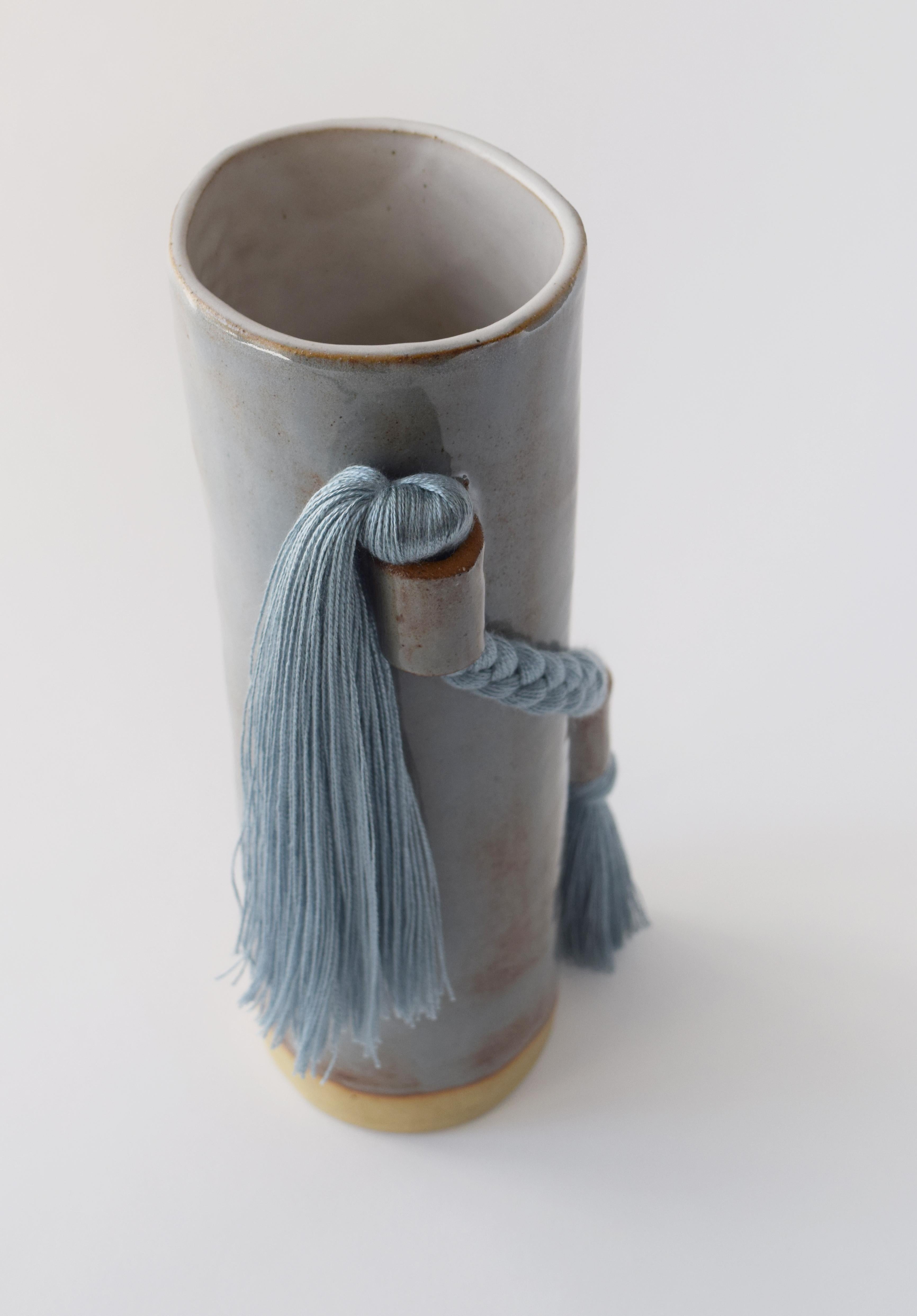 Hand-Crafted Handmade Ceramic Vase #695 in Light Blue with Blue Tencel Braid and Fringe For Sale