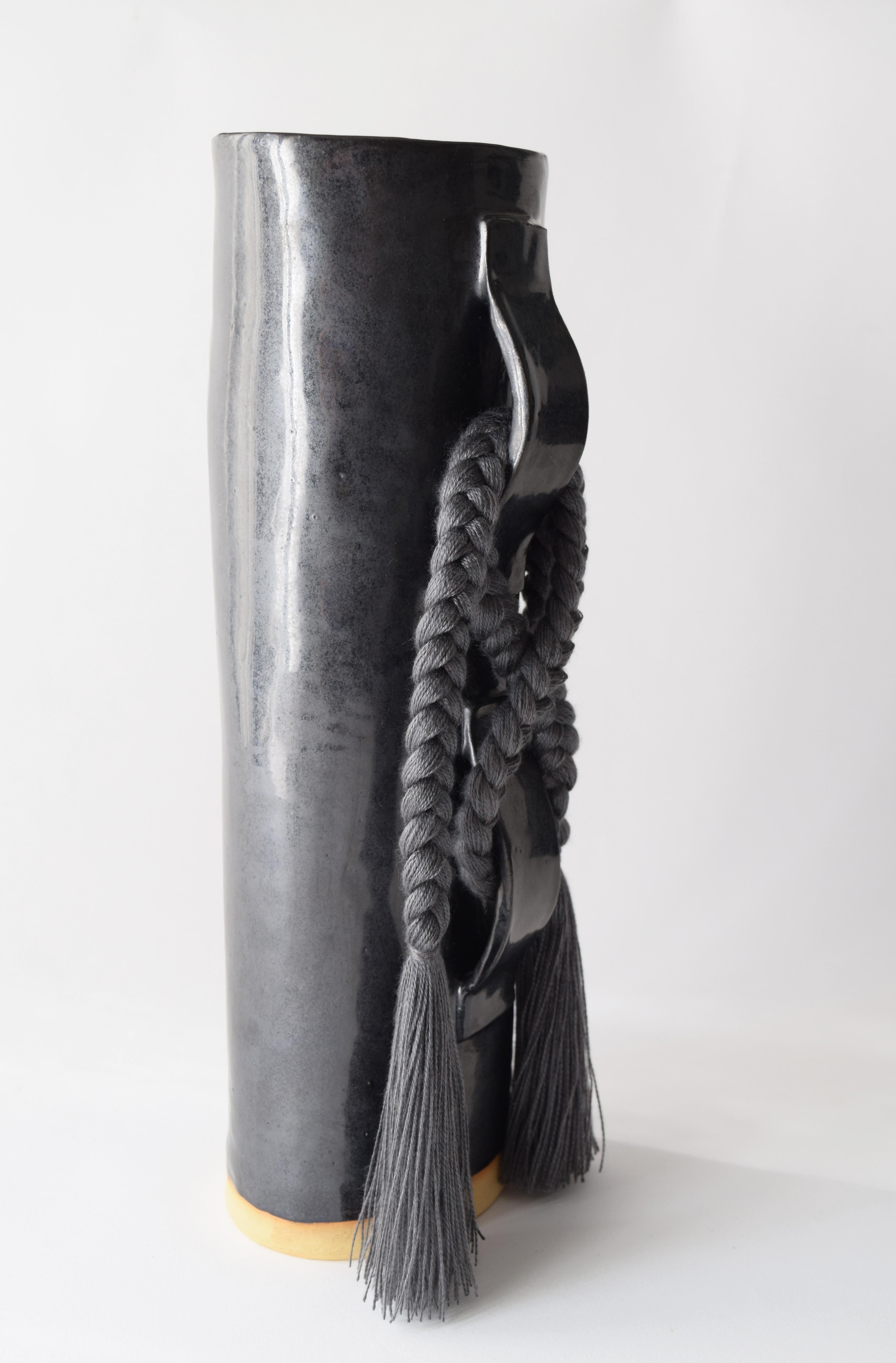 Organic Modern Handmade Ceramic Vase #696 in Black with Charcoal Tencel Braid and Fringe For Sale