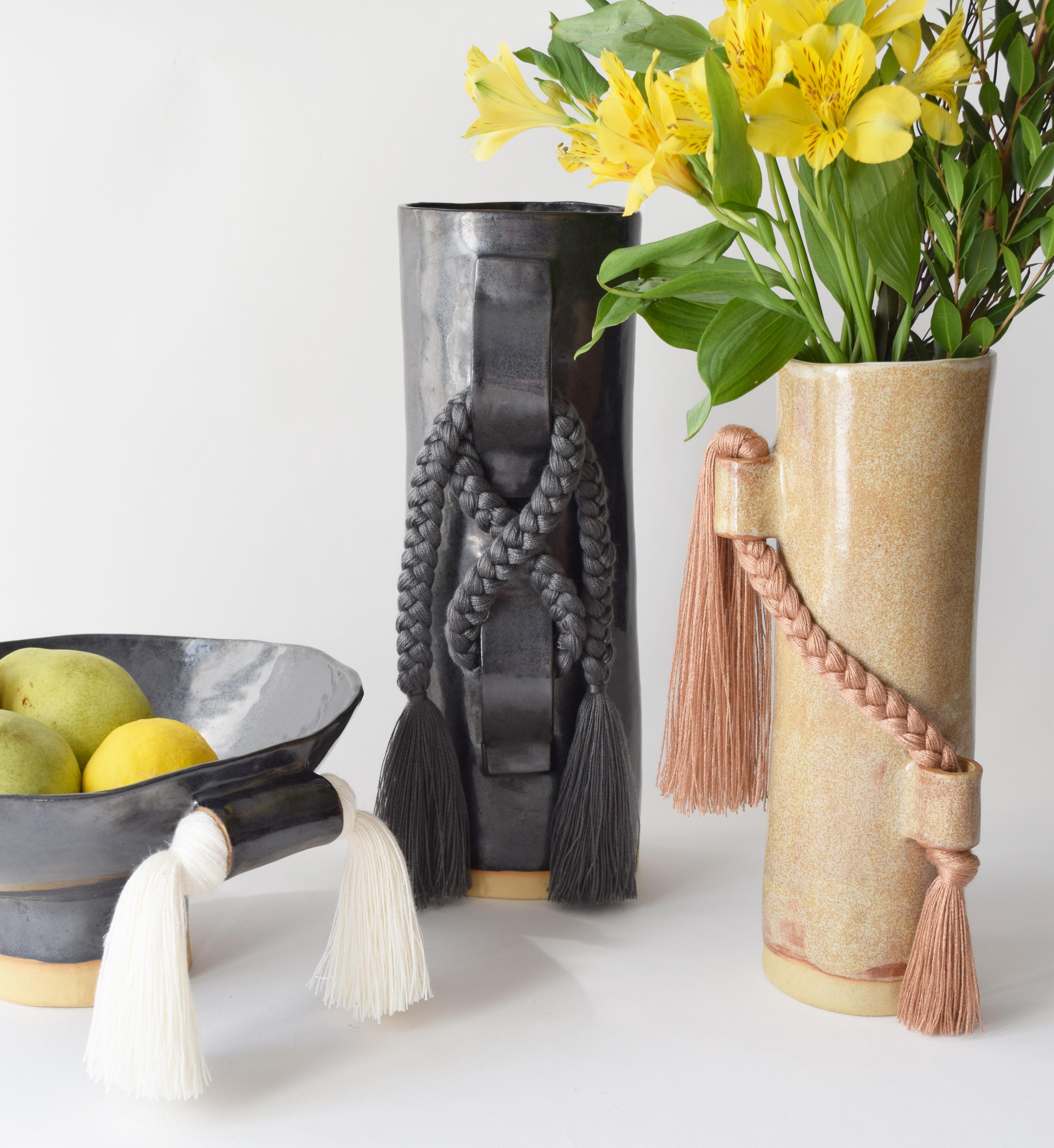 Hand-Crafted Handmade Ceramic Vase #696 in Black with Charcoal Tencel Braid and Fringe For Sale
