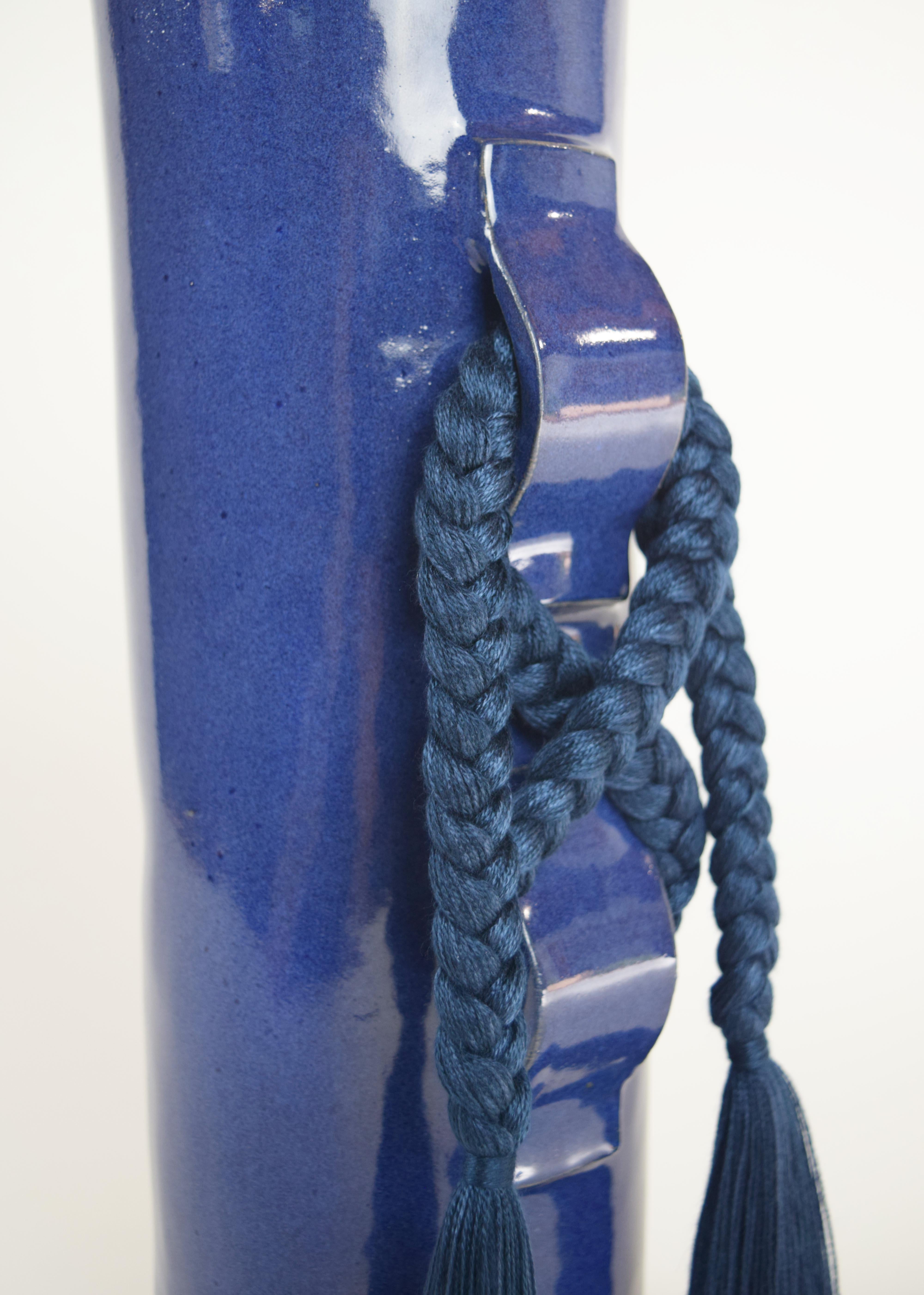 American Handmade Ceramic Vase #696 in Deep Blue with Navy Tencel Braid and Fringe For Sale