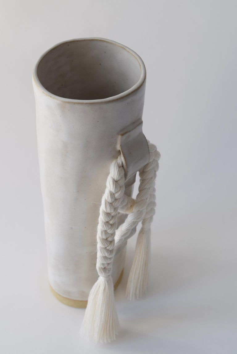 Organic Modern Handmade Ceramic Vase #696 in White with White Cotton Braid and Fringe For Sale