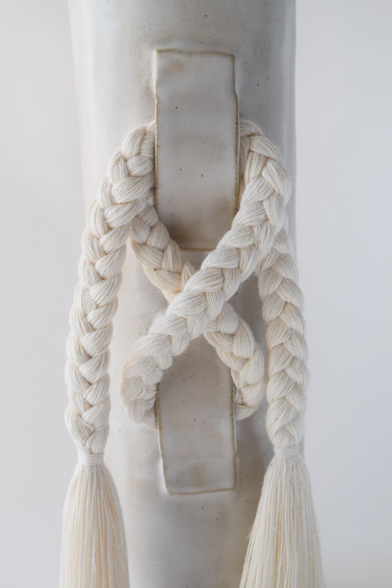 American Handmade Ceramic Vase #696 in White with White Cotton Braid and Fringe For Sale