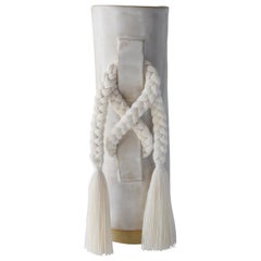 Handmade Ceramic Vase #696 in Satin White with White Cotton Braid and Fringe