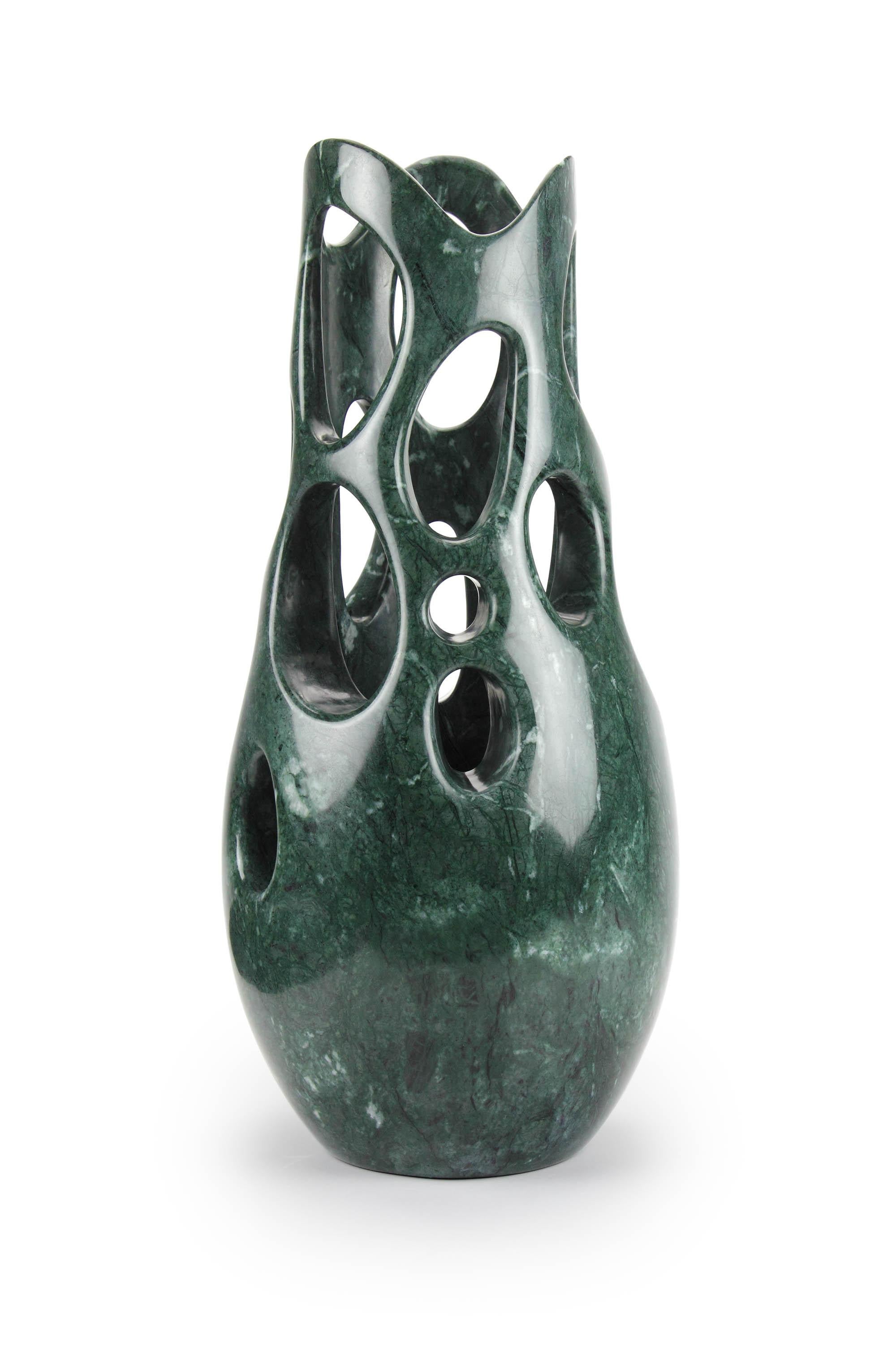 Important sculptural vase carved by hand from a solid block of Imperial green marble.

Vase dimension: D 30 x H 67 cm. Available in different marbles, onyx and quartzite. 

Limited edition of 35.

Each vase is hand signed and numbered by the artists
