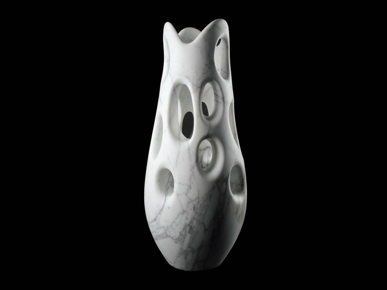 Italian Vase Vessel Decorative Abstract Sculpture Organic Shape White Marble Hand-carved For Sale