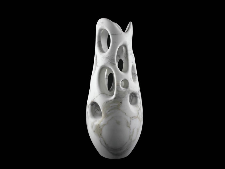 Hand-Carved Vase Vessel Decorative Abstract Sculpture Organic Shape White Marble Hand-carved For Sale