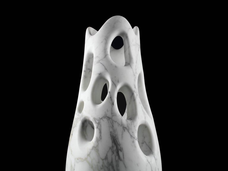 Contemporary Vase Vessel Decorative Abstract Sculpture Organic Shape White Marble Hand-carved For Sale