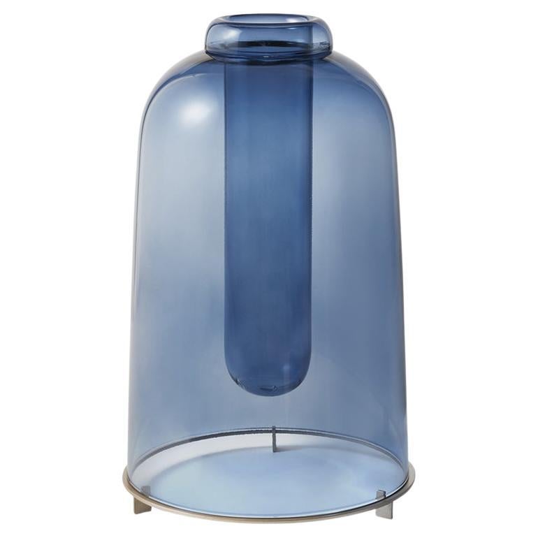 Handmade vase The High designed by Neri & Hu in blue blown glass & brass base For Sale