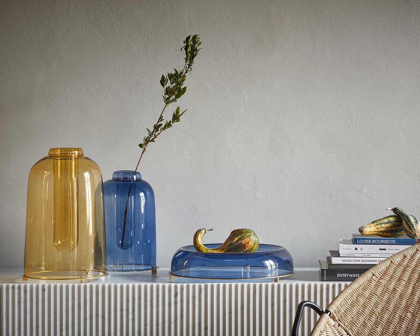 Italian Handmade vase The Short designed by Neri & Hu in yellow blown glass & brass base For Sale