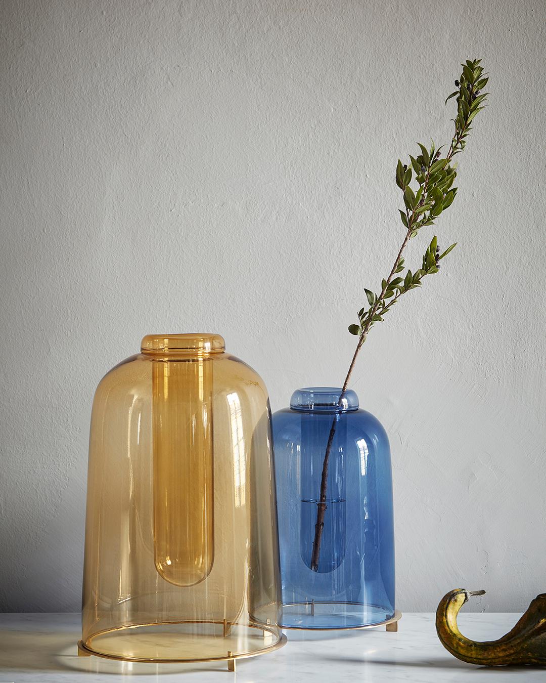 Hand-Crafted Handmade vase The Short designed by Neri & Hu in yellow blown glass & brass base For Sale