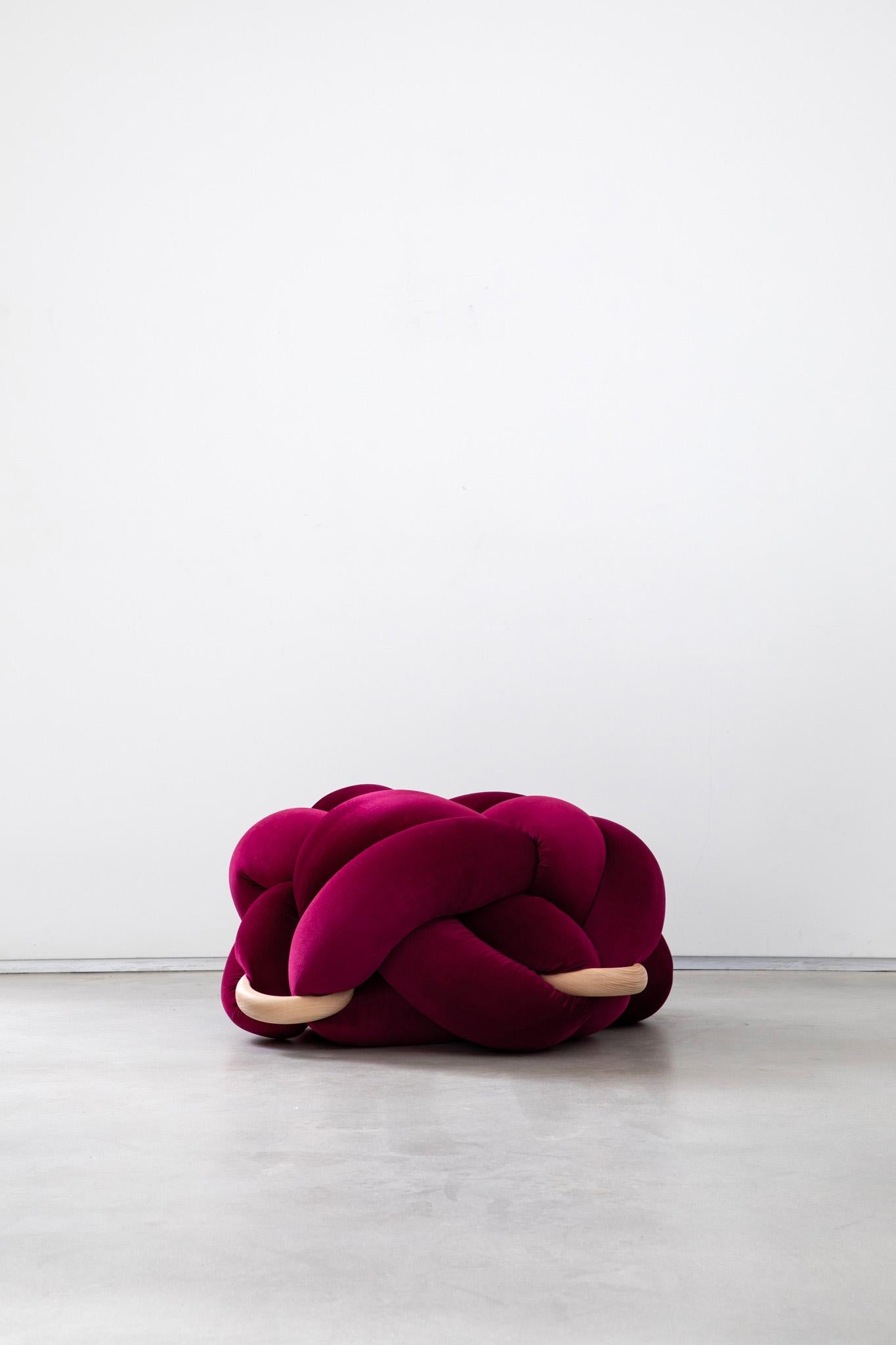 Israeli Handmade Velvet Burgundy Knot Ottoman 30X30 inch by Knots Studio For Sale