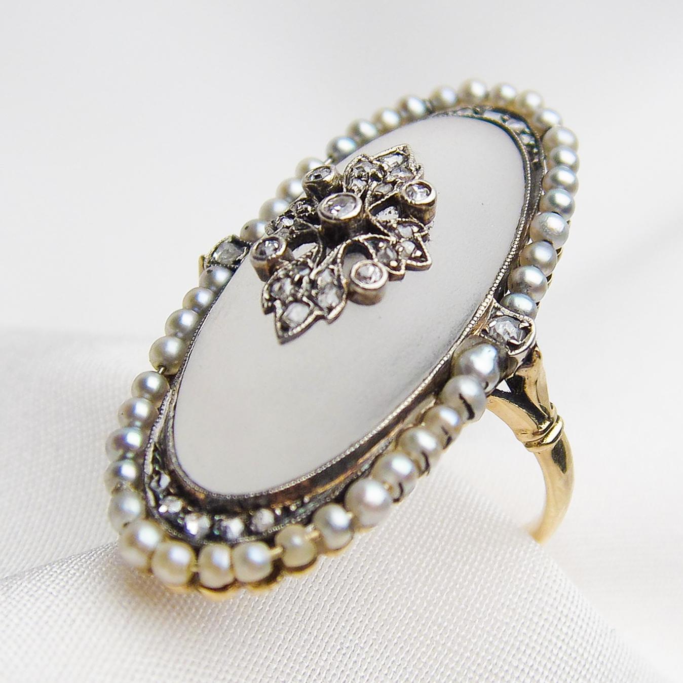 Rose Cut Handmade Victorian Camphor Glass, Diamond, and Seed Pearl 14 Karat Gold Ring For Sale