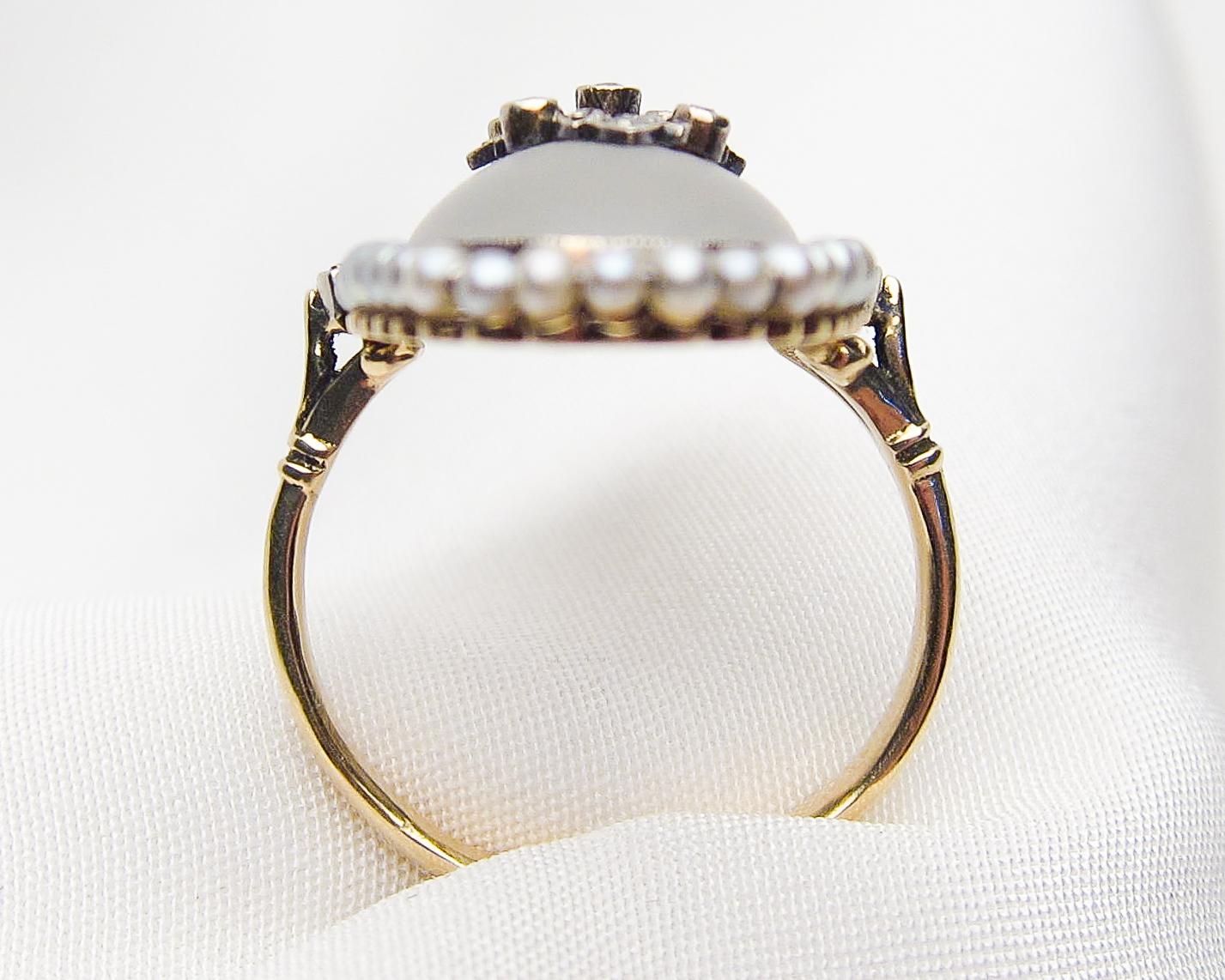 Women's Handmade Victorian Camphor Glass, Diamond, and Seed Pearl 14 Karat Gold Ring For Sale
