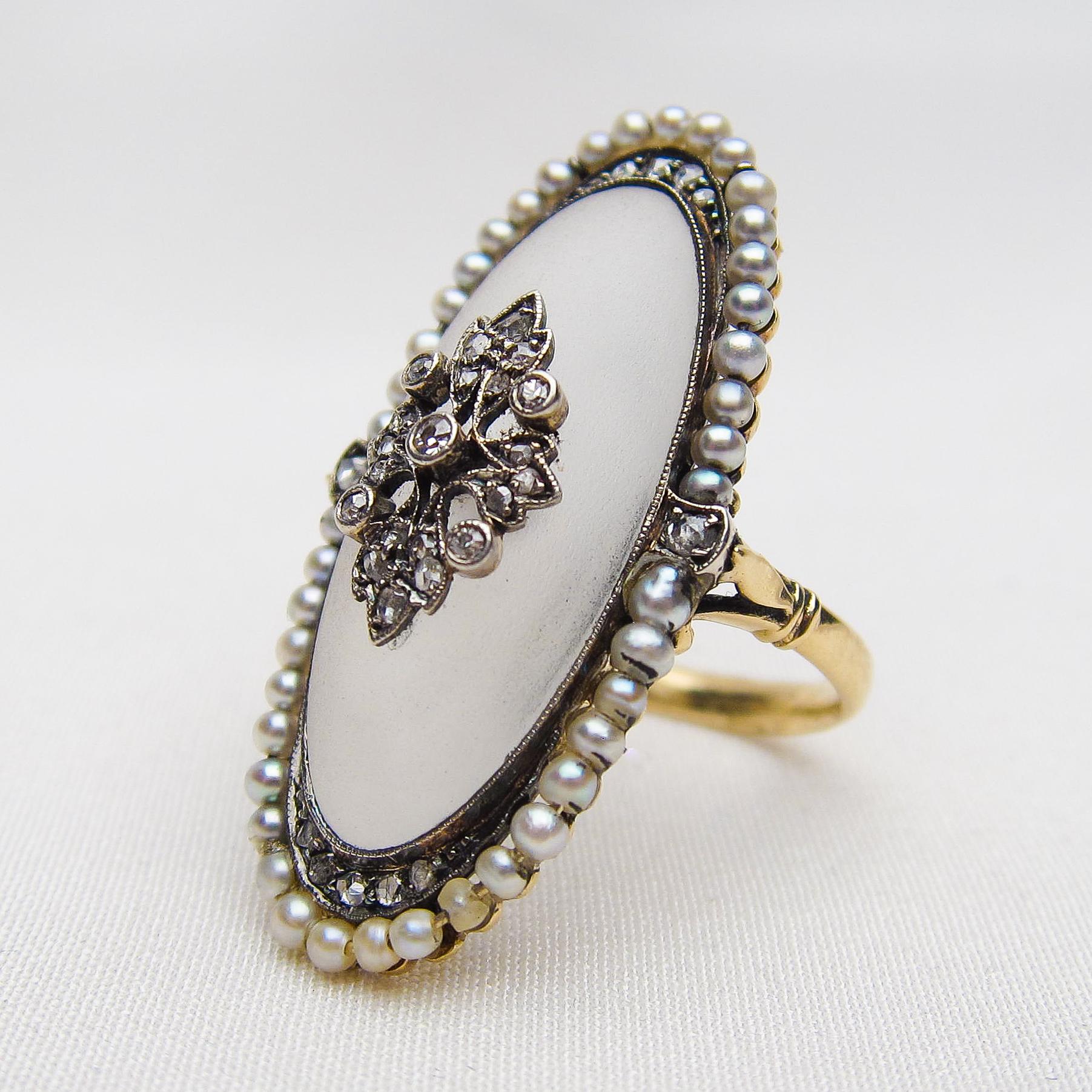 Handmade Victorian Camphor Glass, Diamond, and Seed Pearl 14 Karat Gold Ring For Sale 1