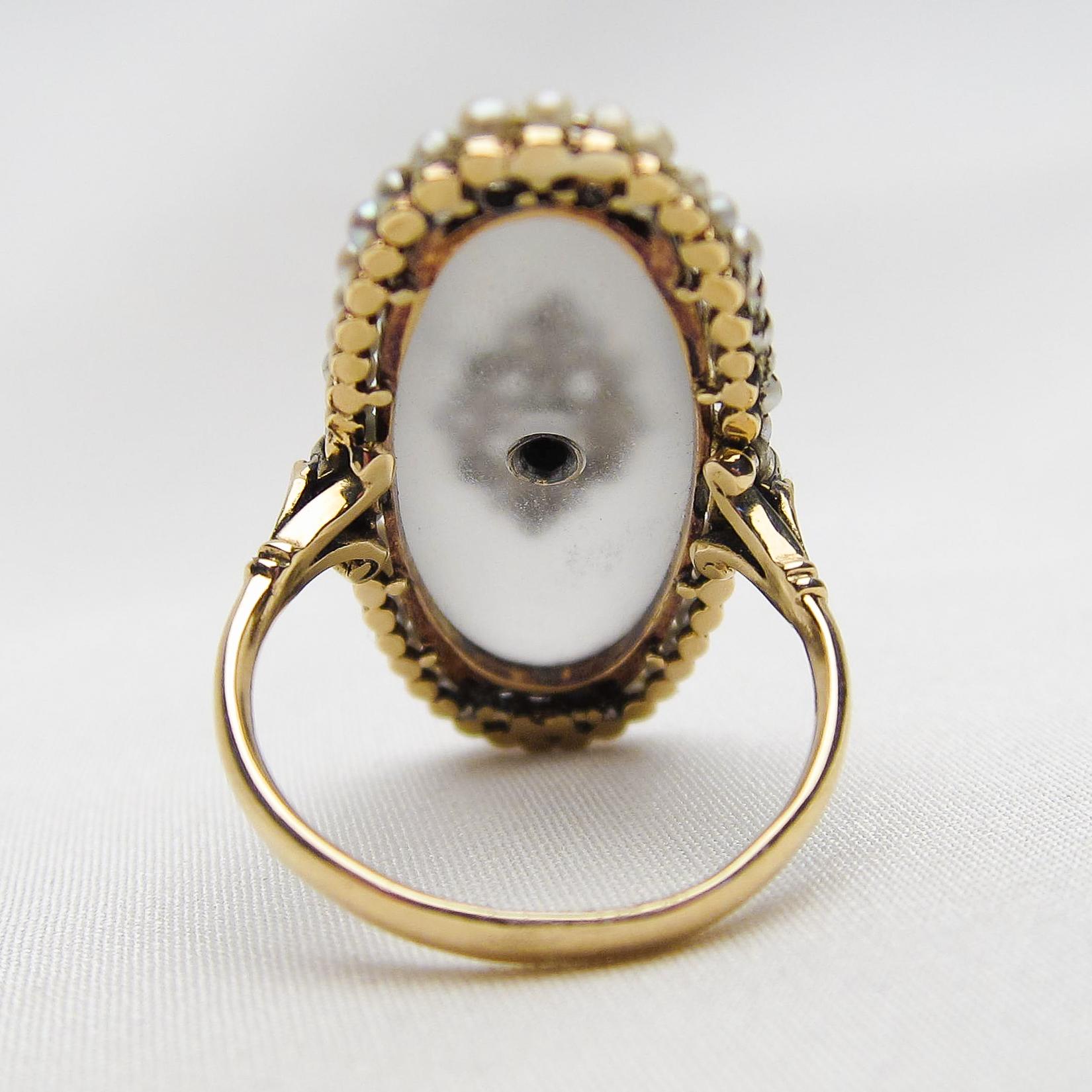 Handmade Victorian Camphor Glass, Diamond, and Seed Pearl 14 Karat Gold Ring For Sale 2