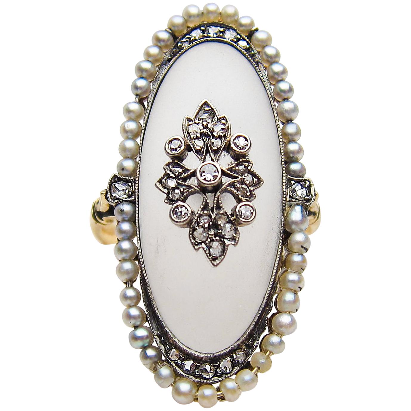 Handmade Victorian Camphor Glass, Diamond, and Seed Pearl 14 Karat Gold Ring For Sale
