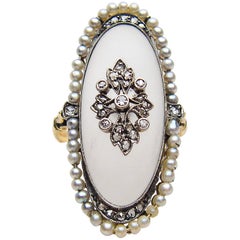 Antique Handmade Victorian Camphor Glass, Diamond, and Seed Pearl 14 Karat Gold Ring