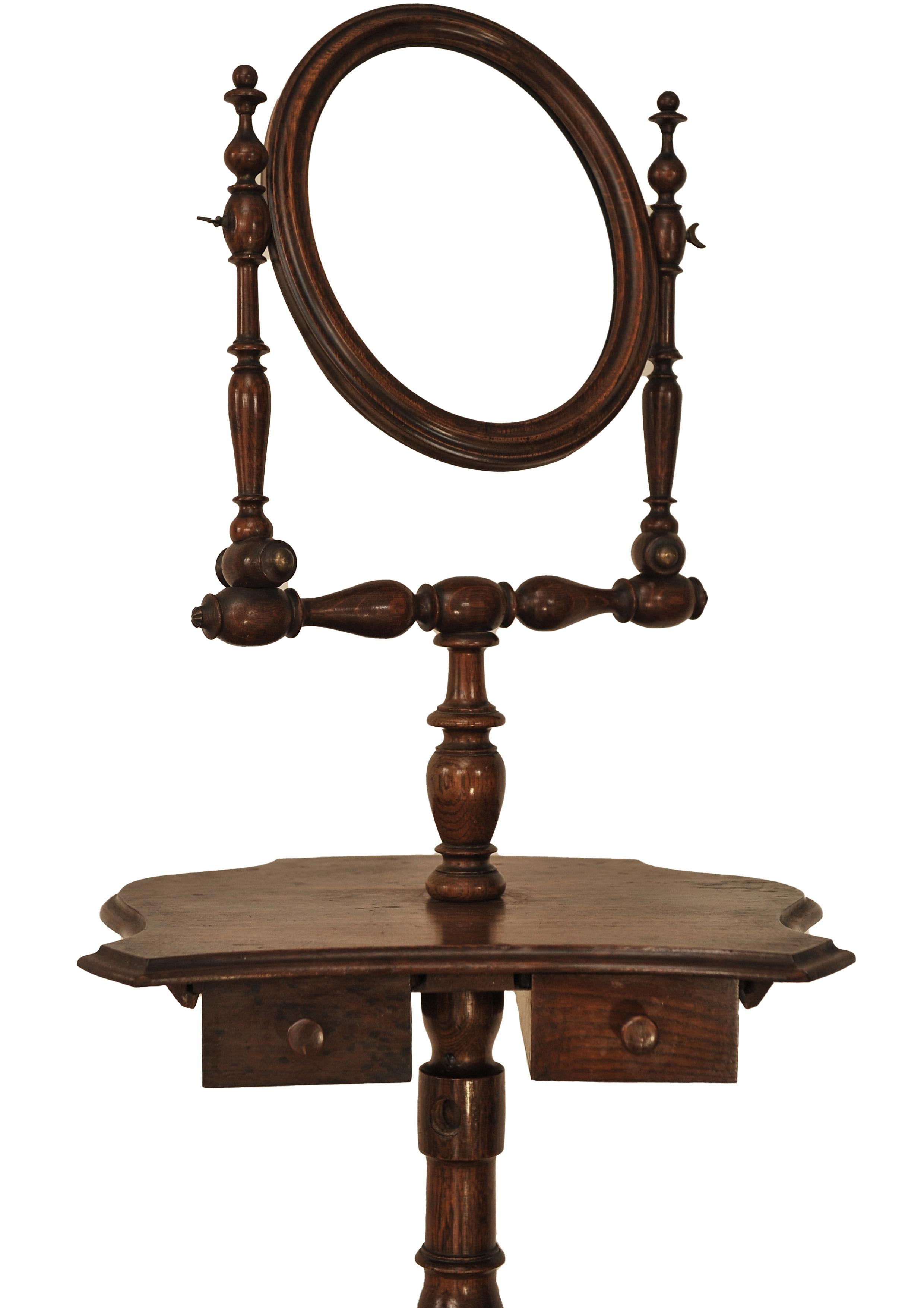 British Handmade Victorian Oak Shaving Stand With A Pivotable Oval Mirror on Turned Legs For Sale