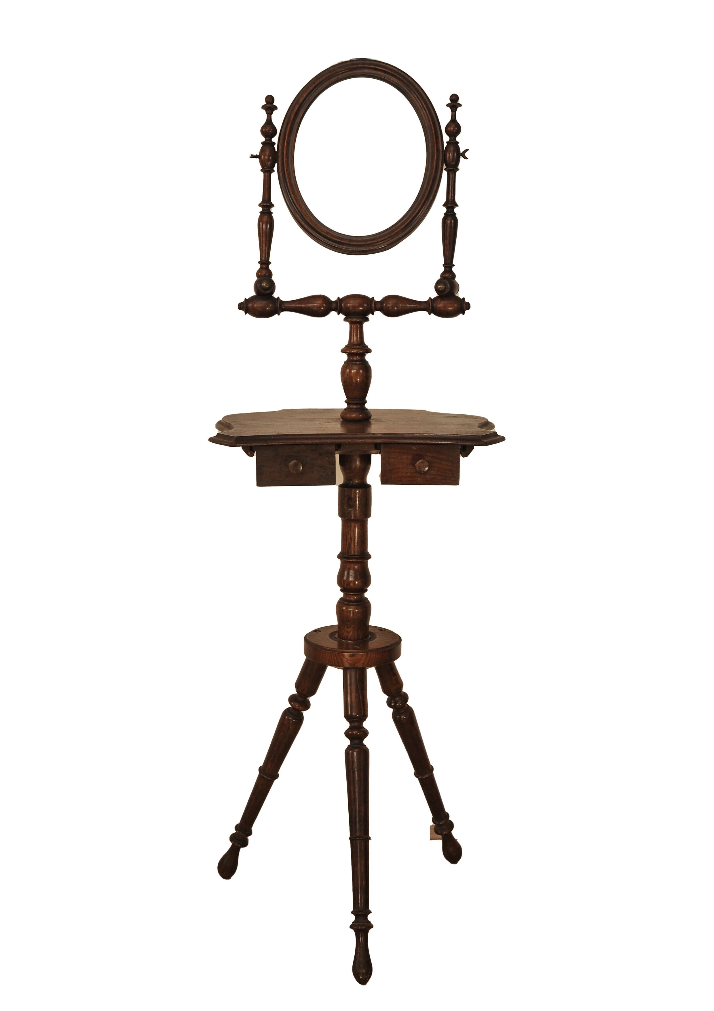 Brass Handmade Victorian Oak Shaving Stand With A Pivotable Oval Mirror on Turned Legs For Sale