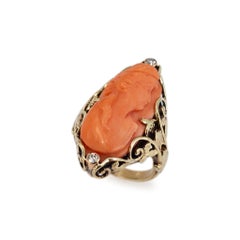 Handmade Vintage 14K Yellow Gold Carved Salmon Coral Cameo Diamond Cocktail Ring